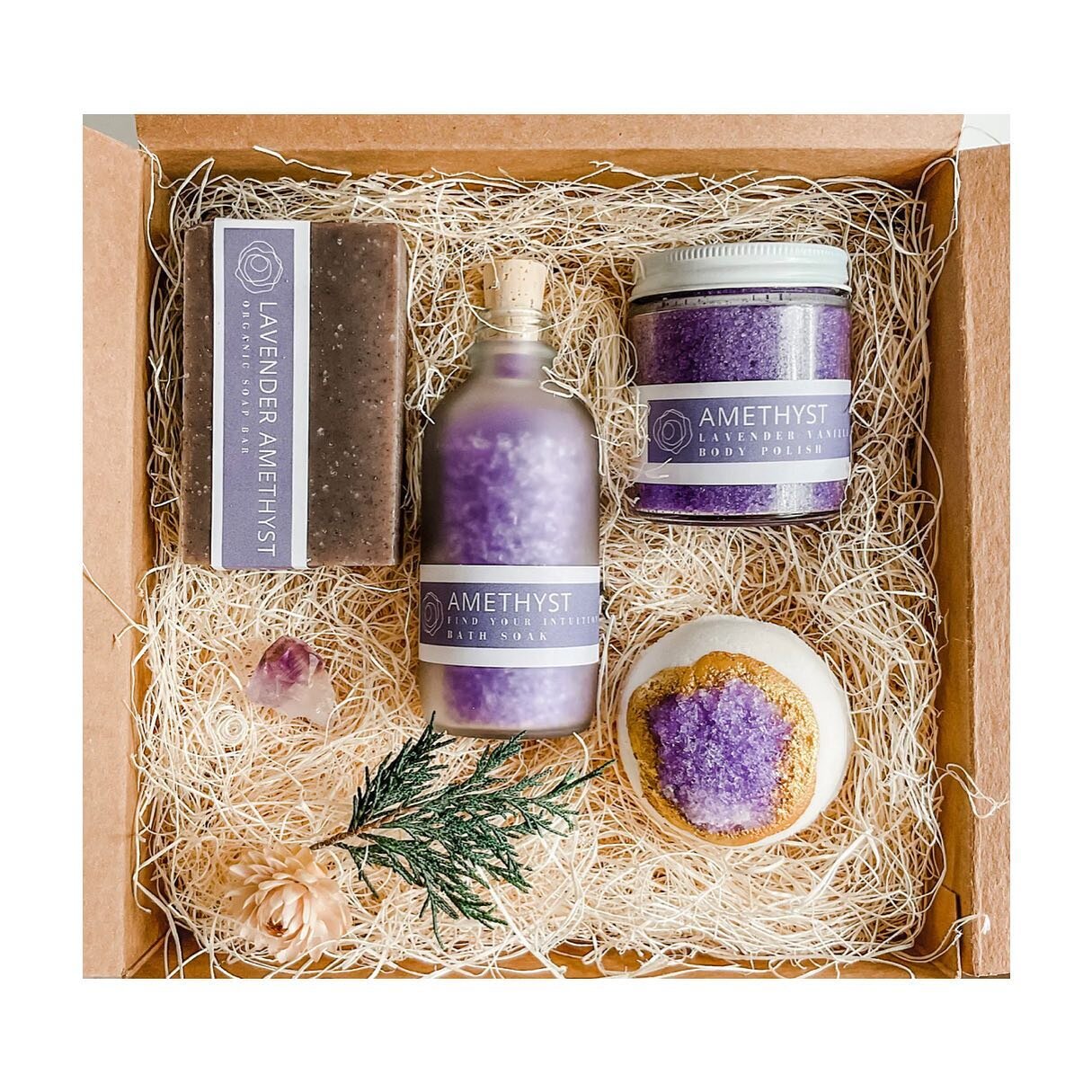 Swooning over this Amethyst bath gift set. Lavender soap, Epsom salts, body polish, gemstone bath bomb &amp; an amethyst crystal. Truly clean &amp; natural ingredients &amp; truly beautiful. $68