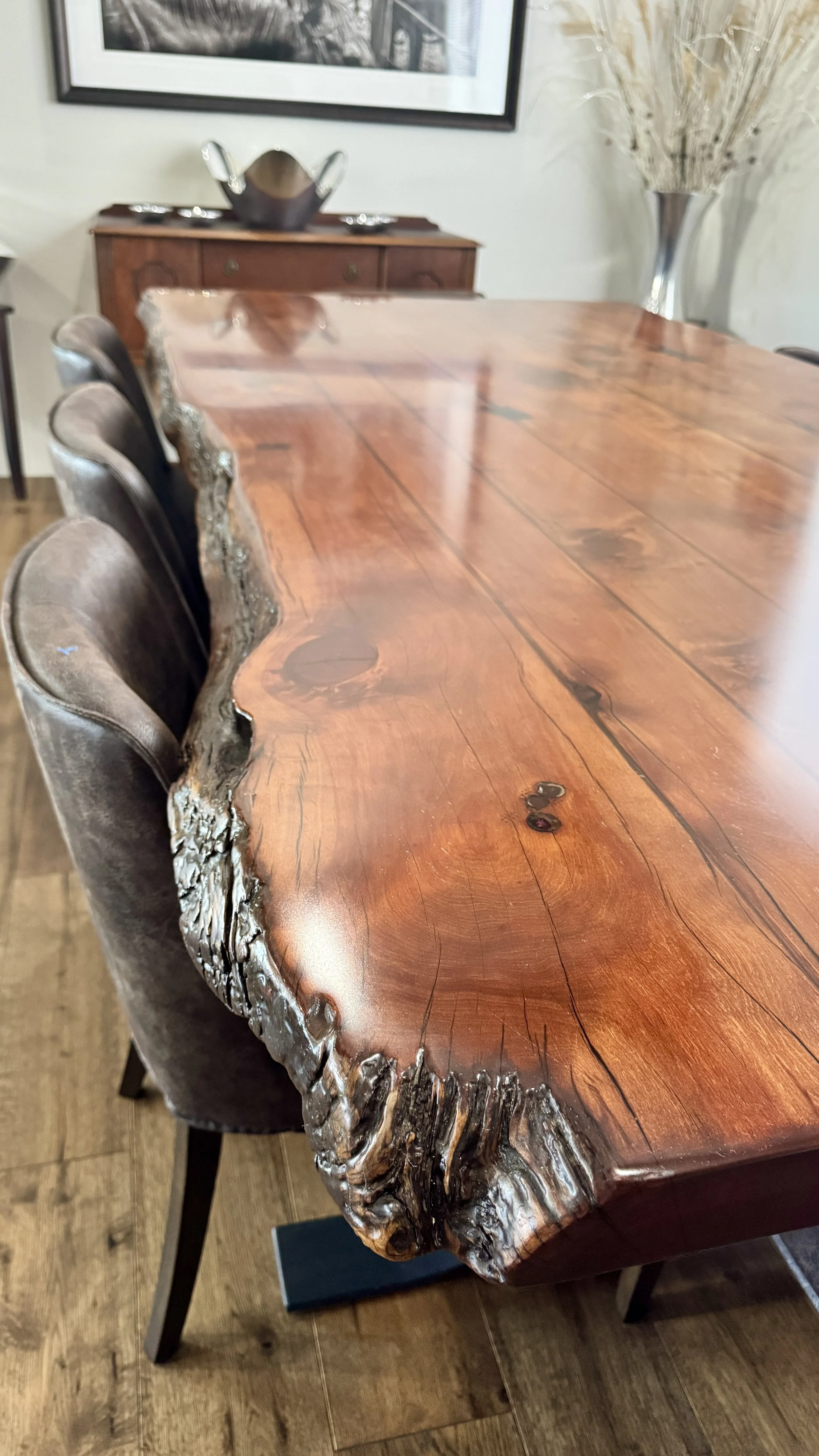 Live-edge wood dining table.