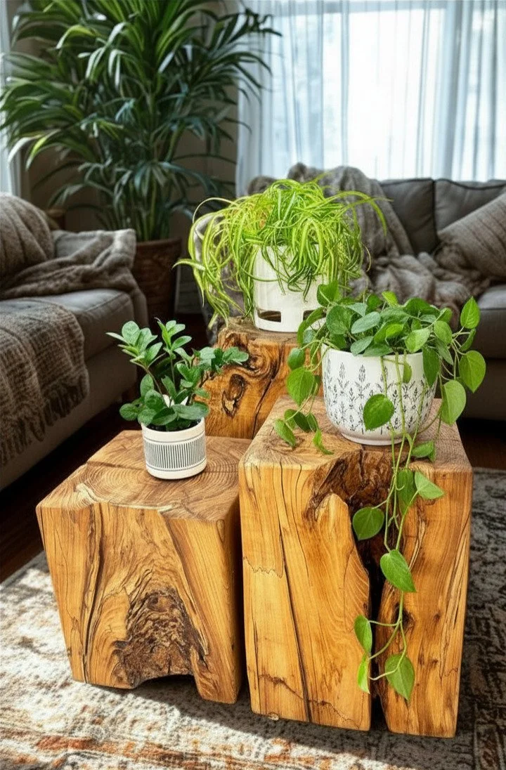 Three staggered wooden cubes styled with plants in a living room.