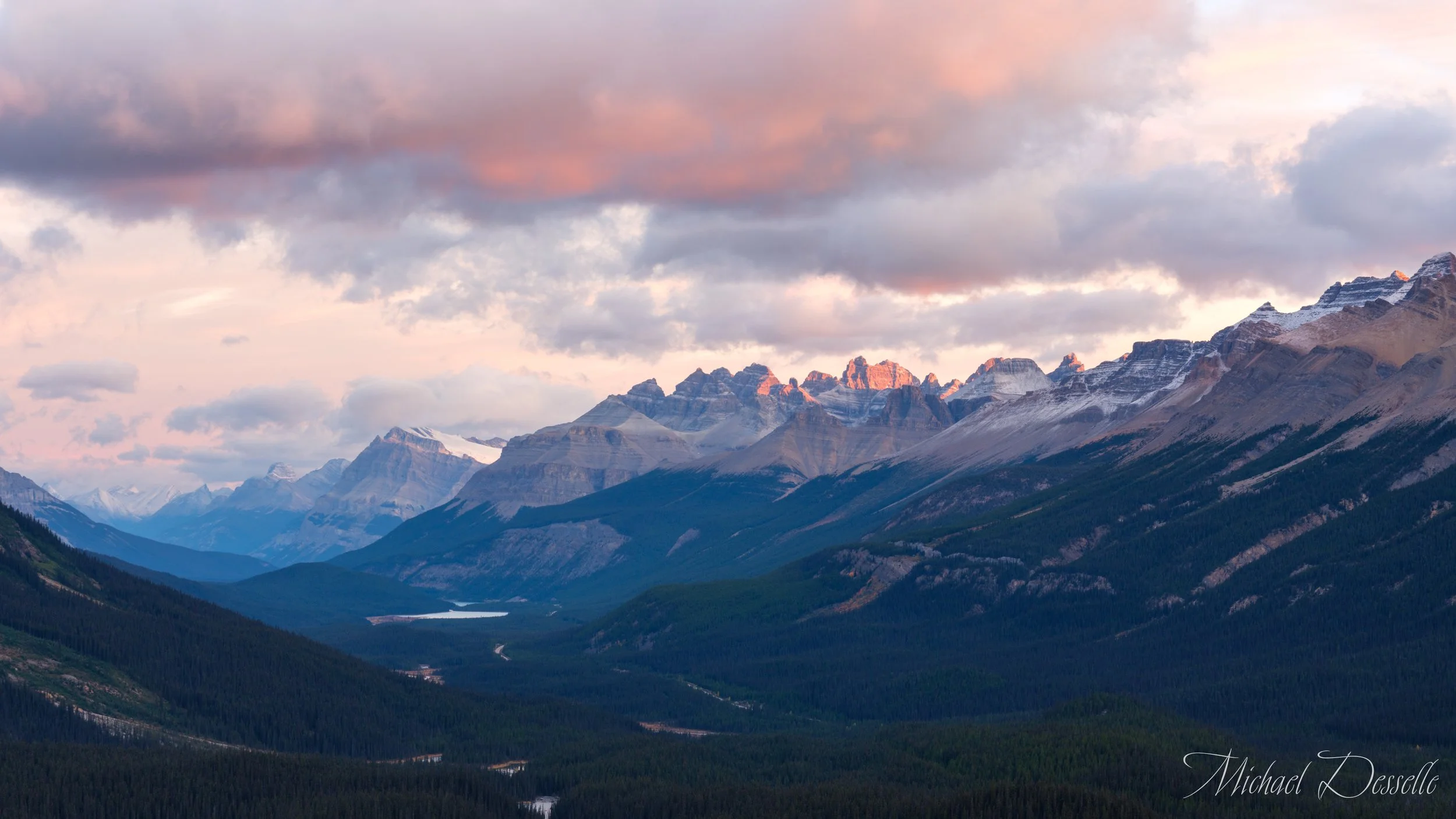 Sunrise on the Canadian Rockies north of Mistaya Canyon