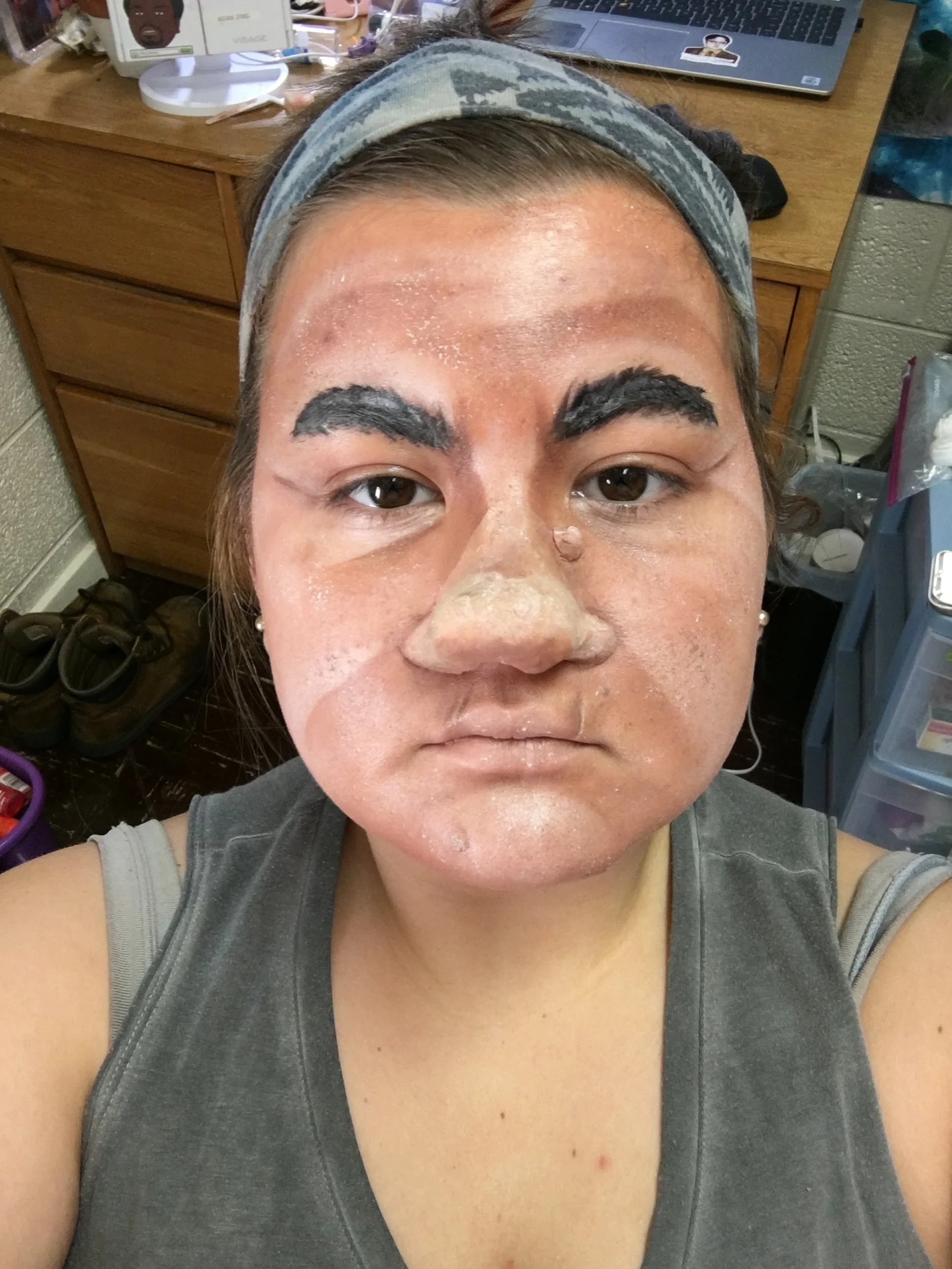 Old Age Project - Friar Tuck look created with prosthetic nose, mole, and creme makeup. 