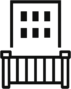 Outline of a commercial building with a handrail, design is minimal and black and white.