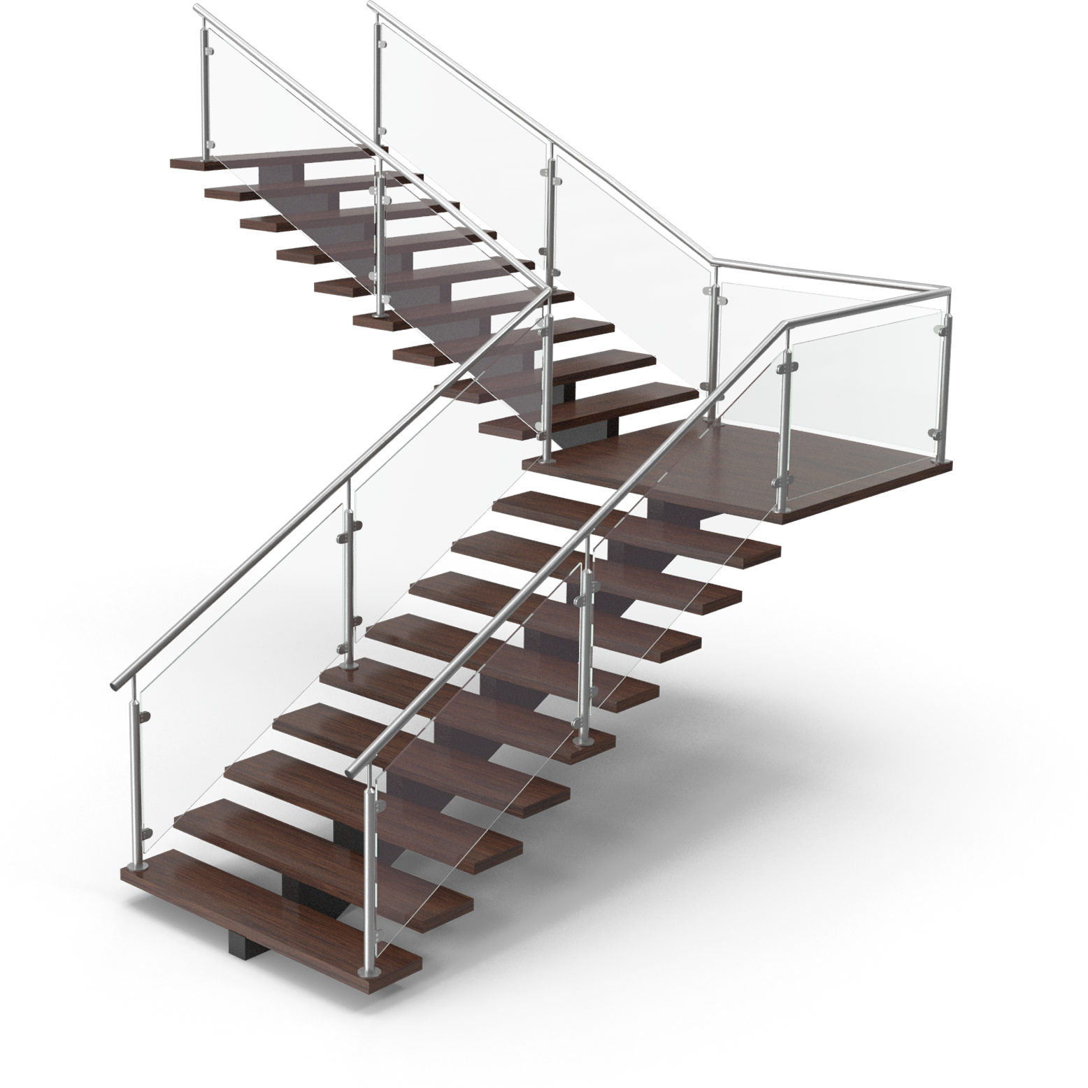 Two wooden staircase sections with glass and metal railings on black background.
