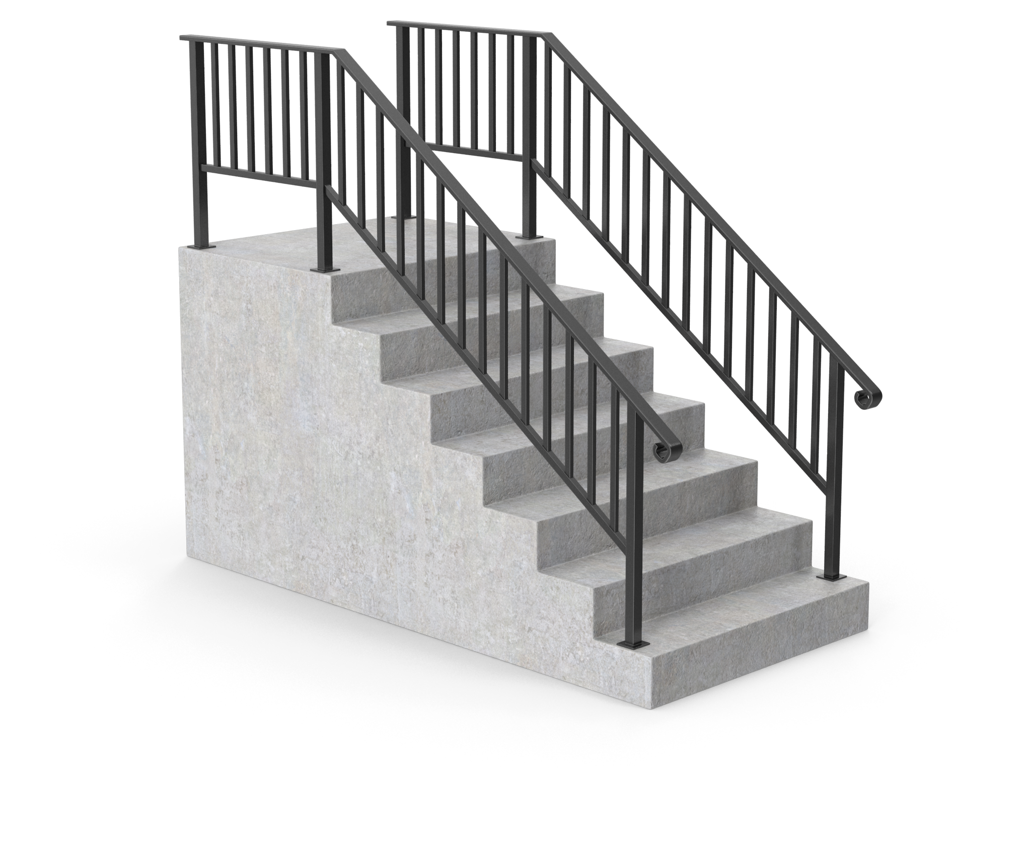 Concrete staircase with black metal handrails on both sides.