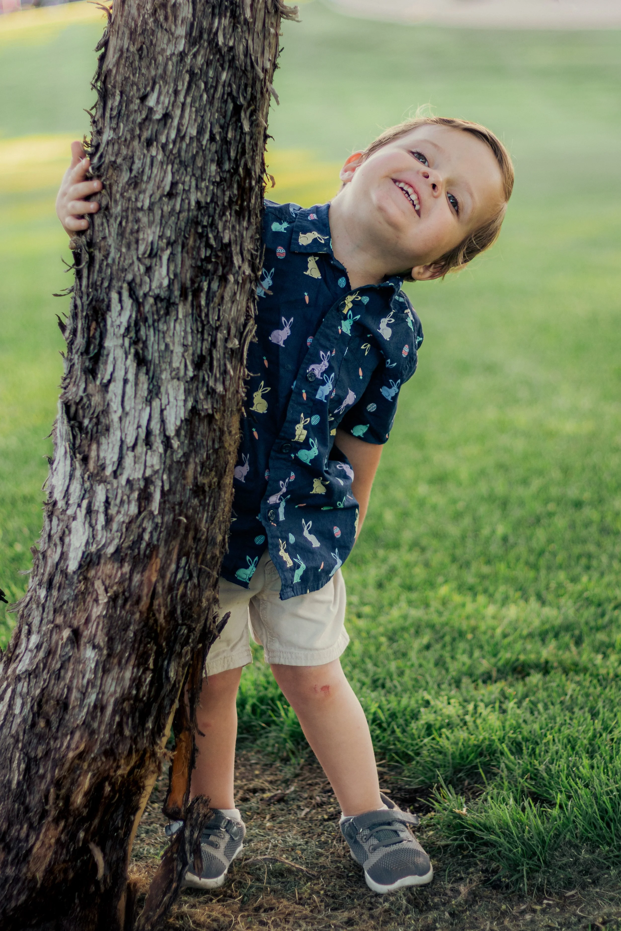 A young boy smiling and peeking from behind a tree in a grassy park, wearing a navy blue shirt with colorful rabbits and beige shorts.