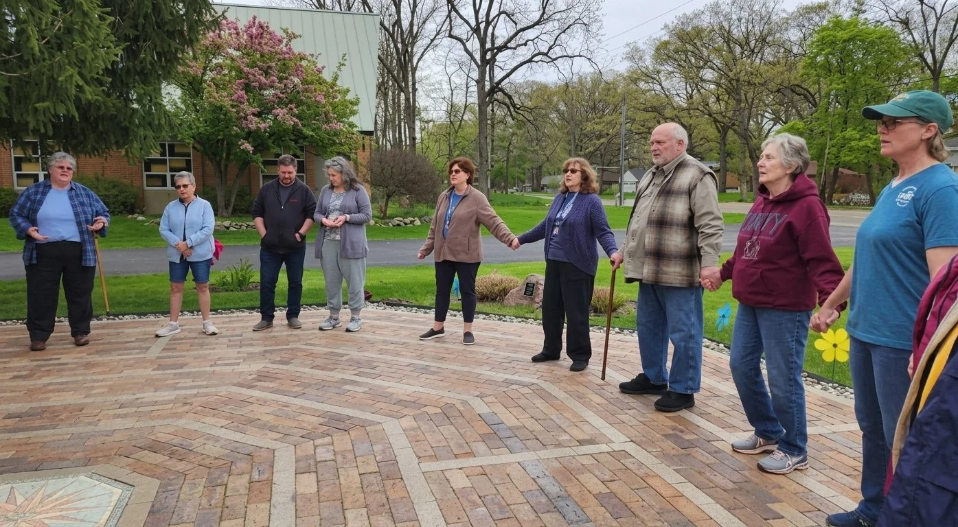 A group of people holding hands in a circle outdoors on a brick-paved area, with trees and a building in the background.