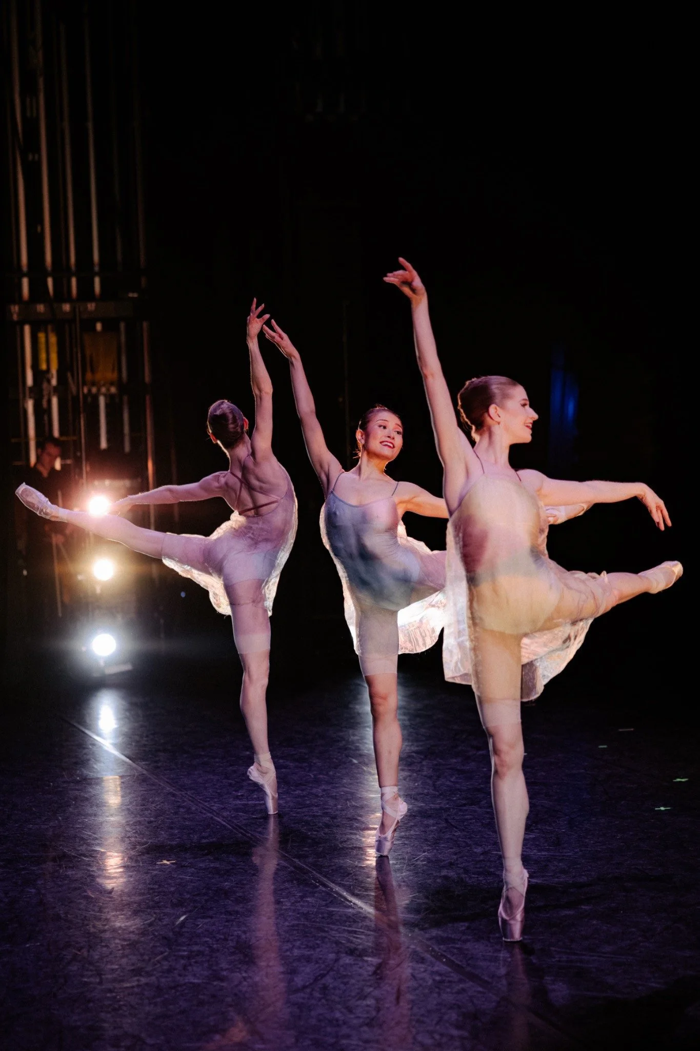 Three ballet dancers in translucent pastel costumes, performing in warm stage light.