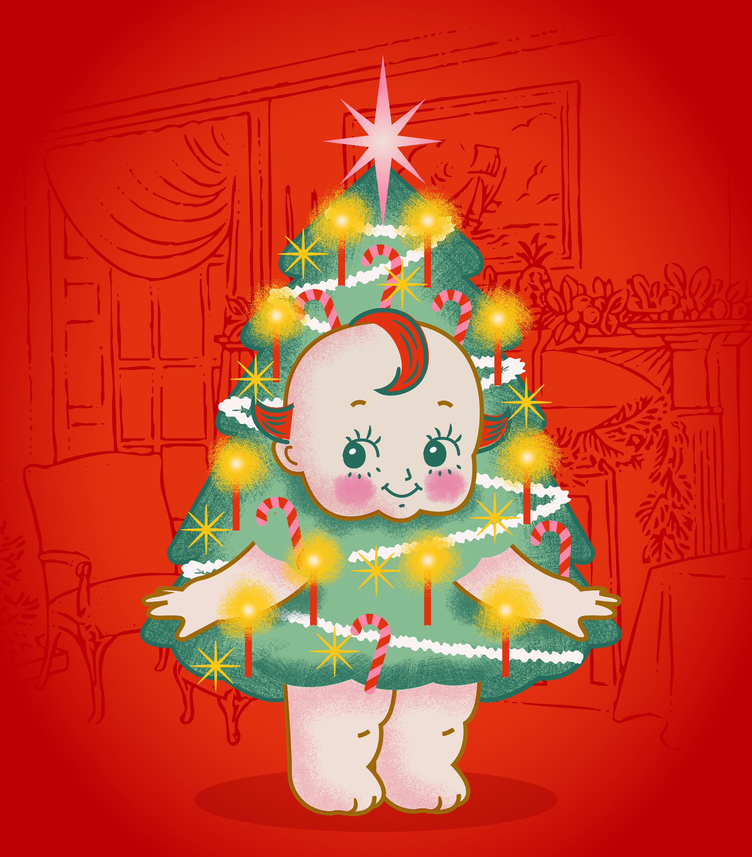 Cartoon of a unicorn with a Christmas tree on its head decorated with candy canes, stars, and ornaments, standing against a red background.