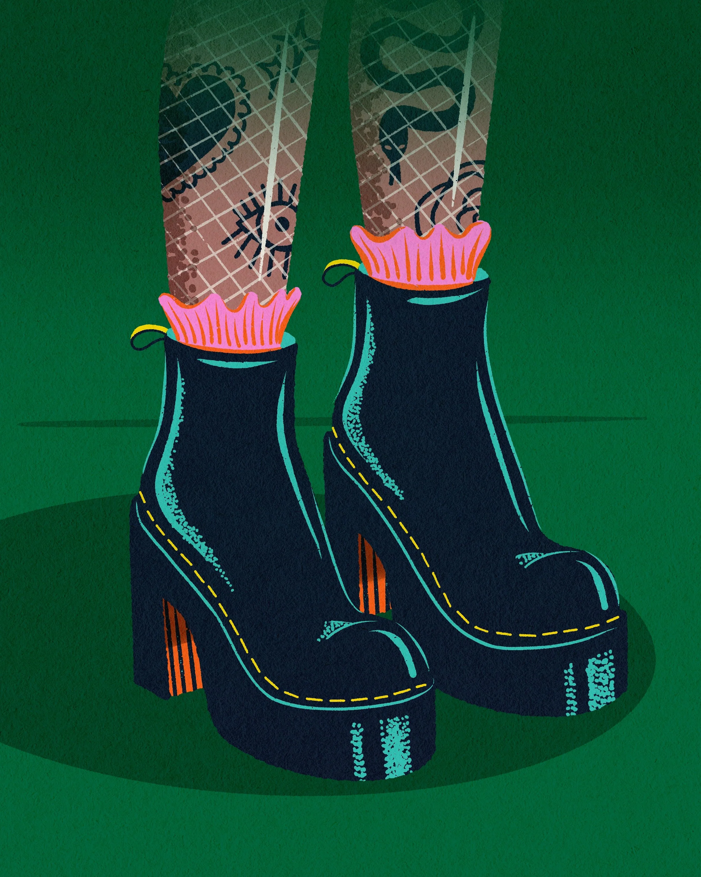 Illustration of black boots with yellow stitching on a green background, with sparkles or snowflakes below.