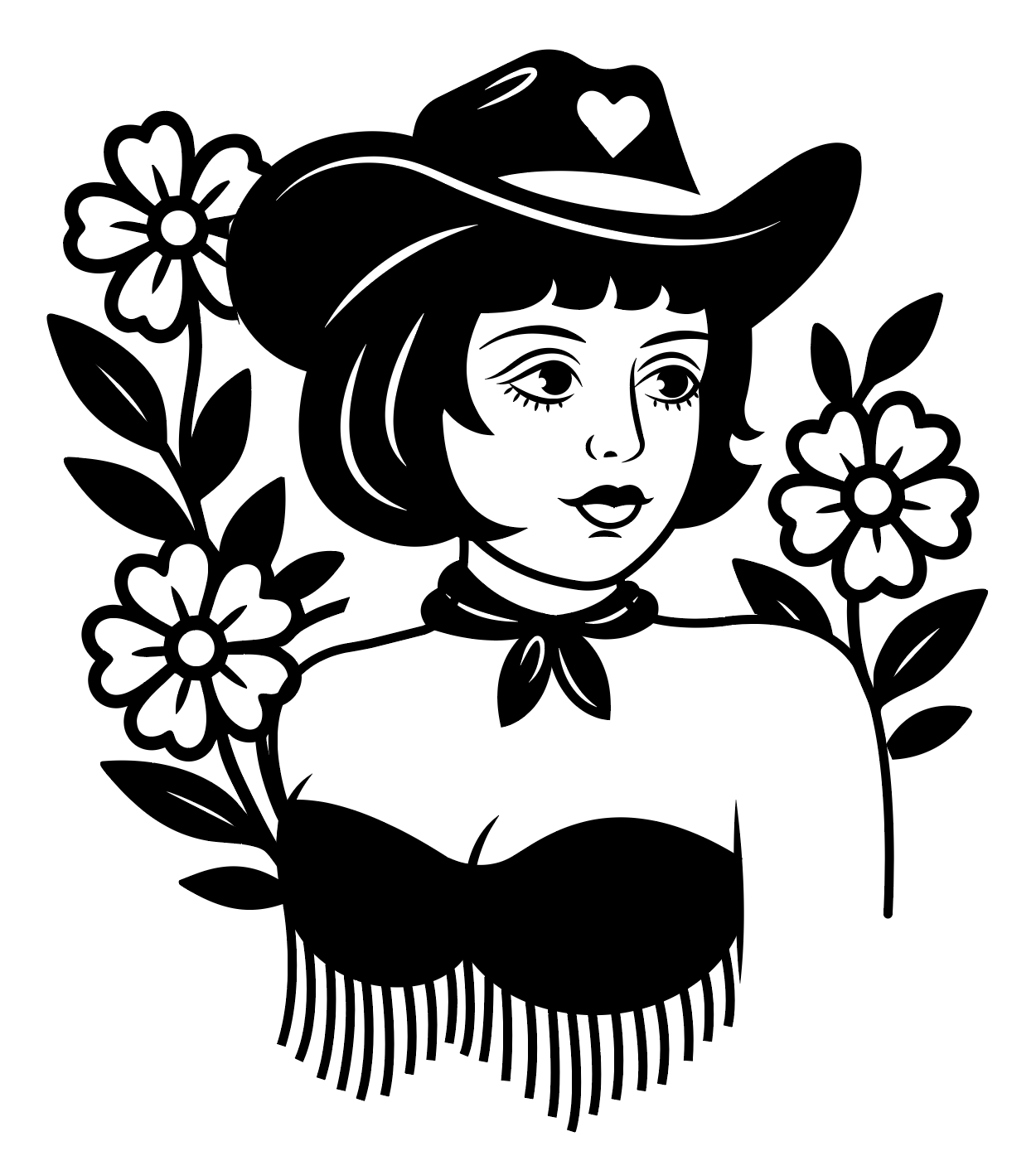 Black and white drawing of a woman wearing a cowboy hat with a heart on it, surrounded by flowers and leaves, with a floral scarf around her neck.
