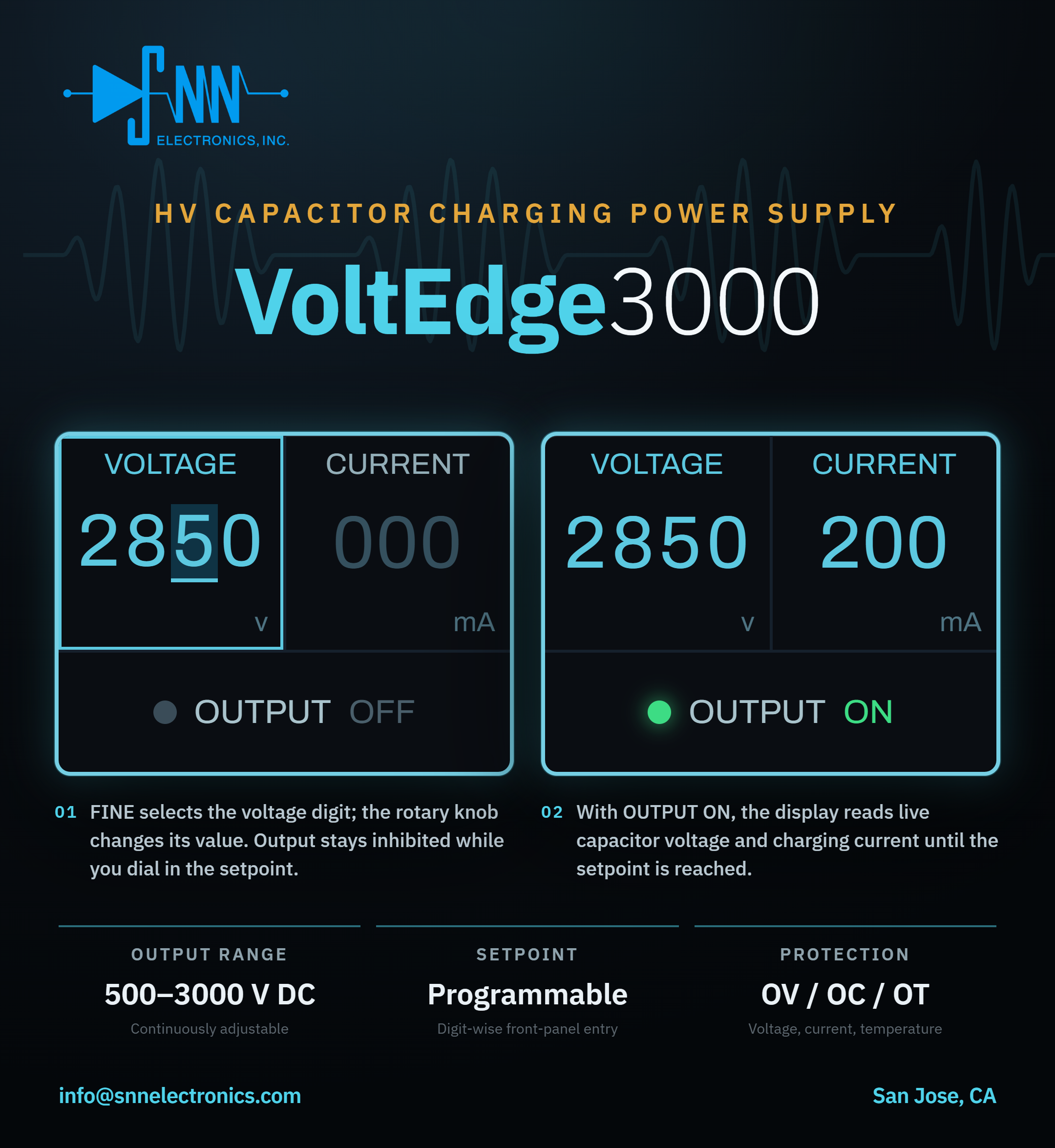 Product brochure for VoltEdge 3000 HV capacitor charging power supply by SN&N Electronics, Inc., showing technical specifications and features.