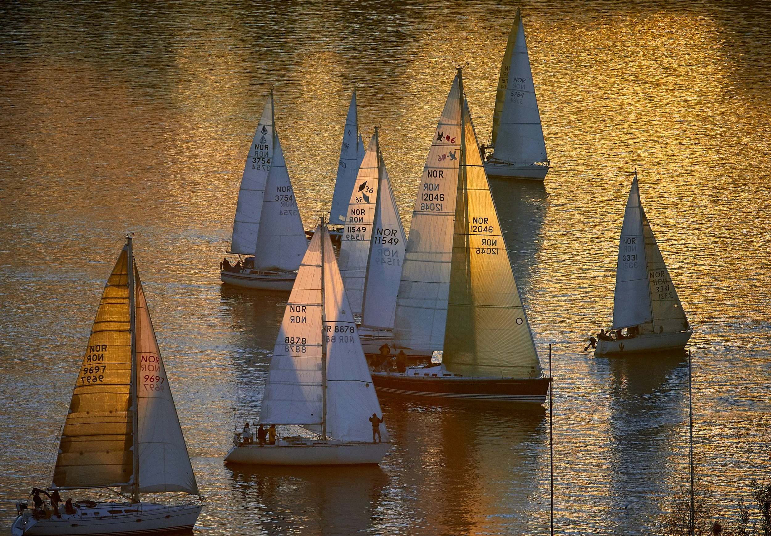 Pegasus luxury sailing yacht following the fleet during the 80th Rolex Sydney to Hobart Yacht Race on Sydney Harbour