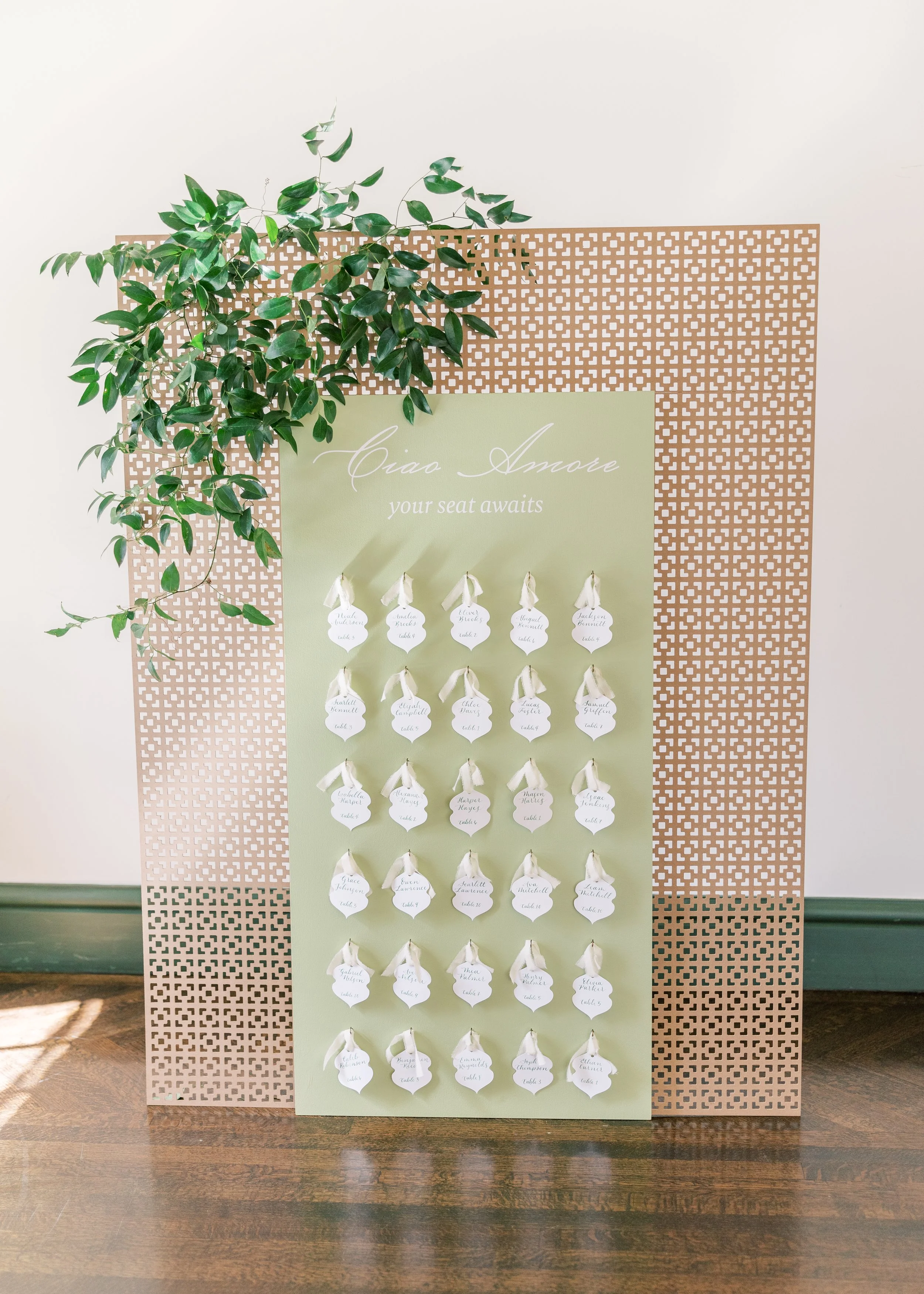 Trellis Inspired Seating Chart with Custom Calligraphy Escort Cards