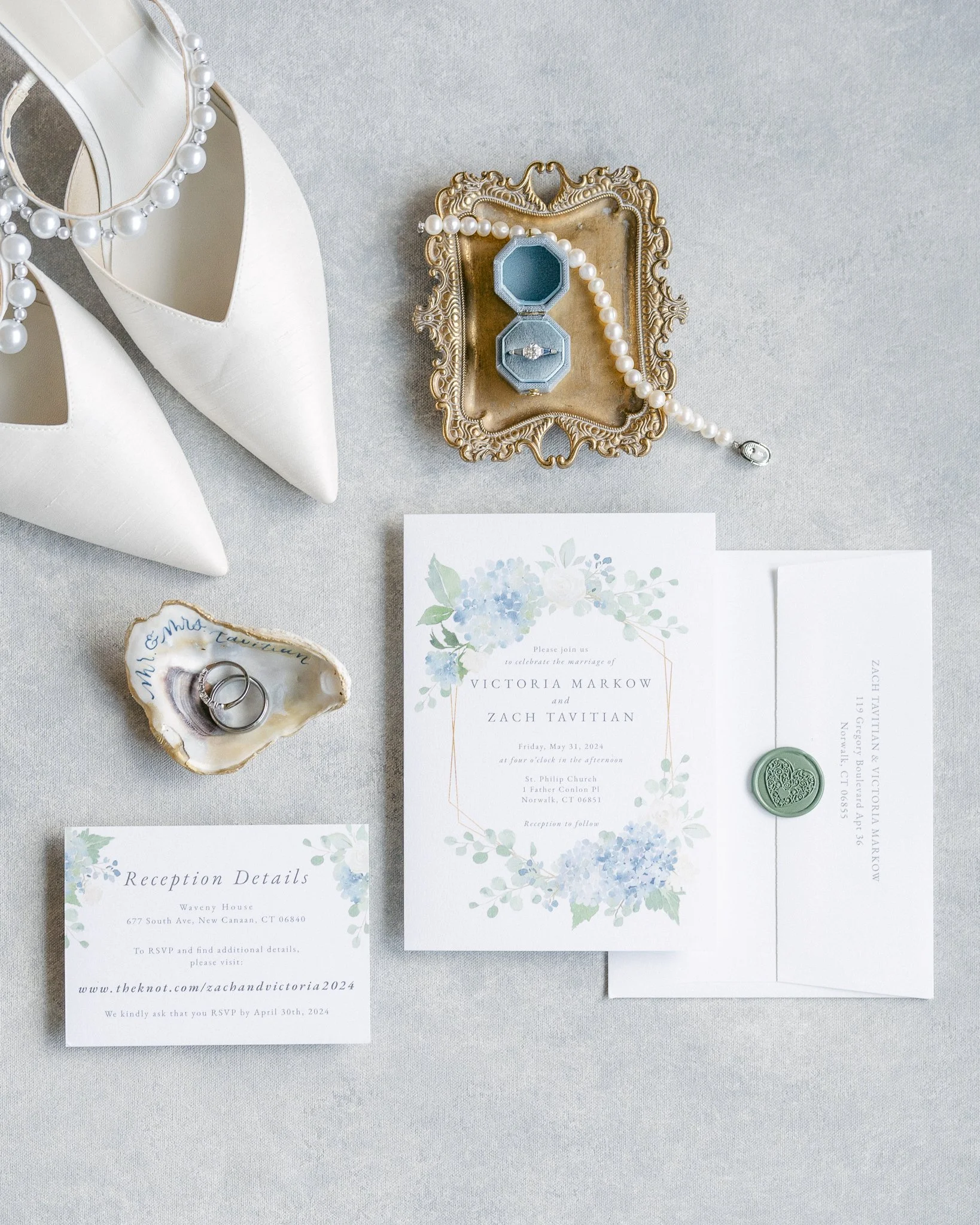 Coastal Invitation Flatlay with Oyster Shell ring holder 