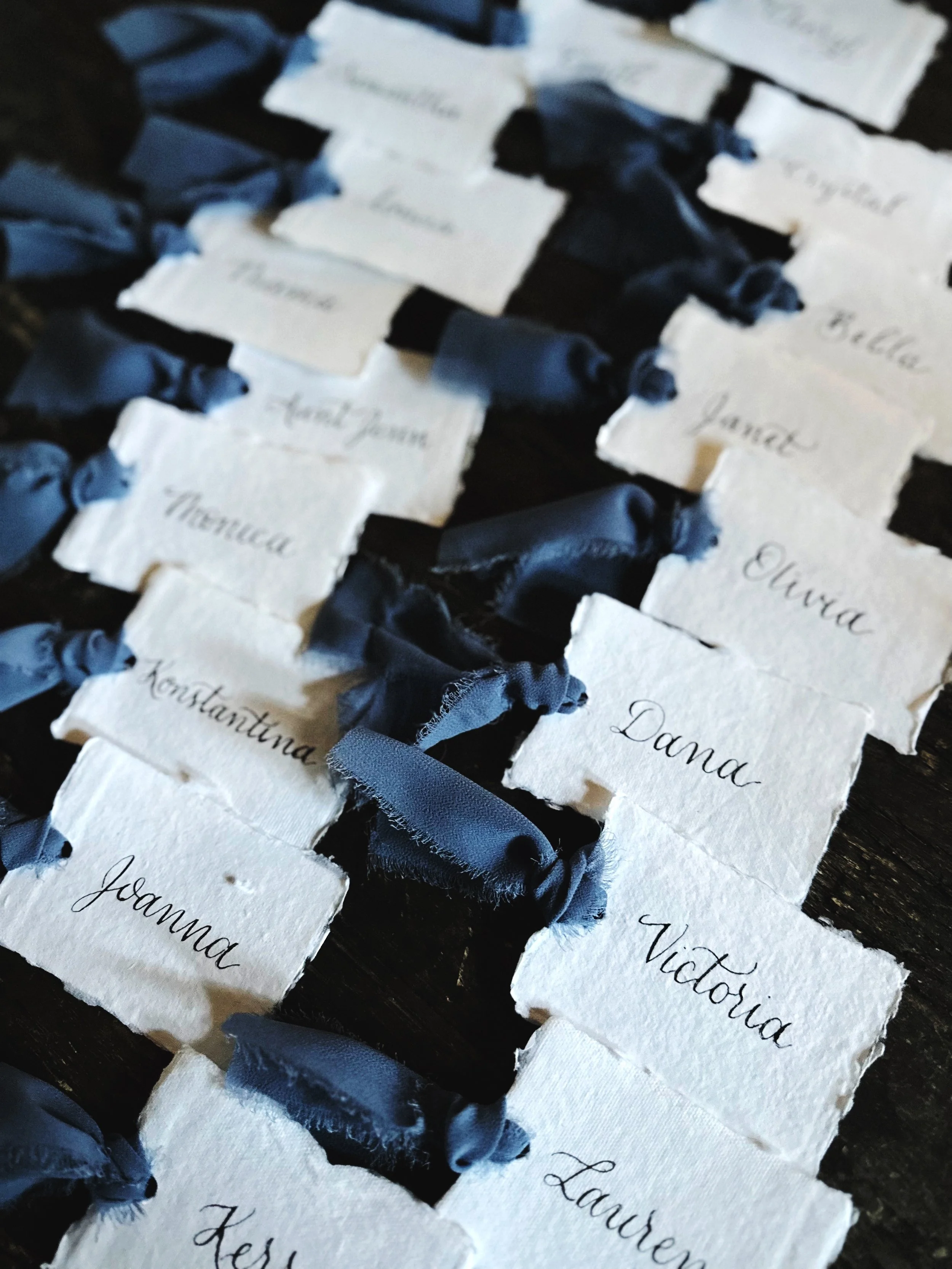 Handmade Paper Place Cards with Blue Chiffon Ribbon