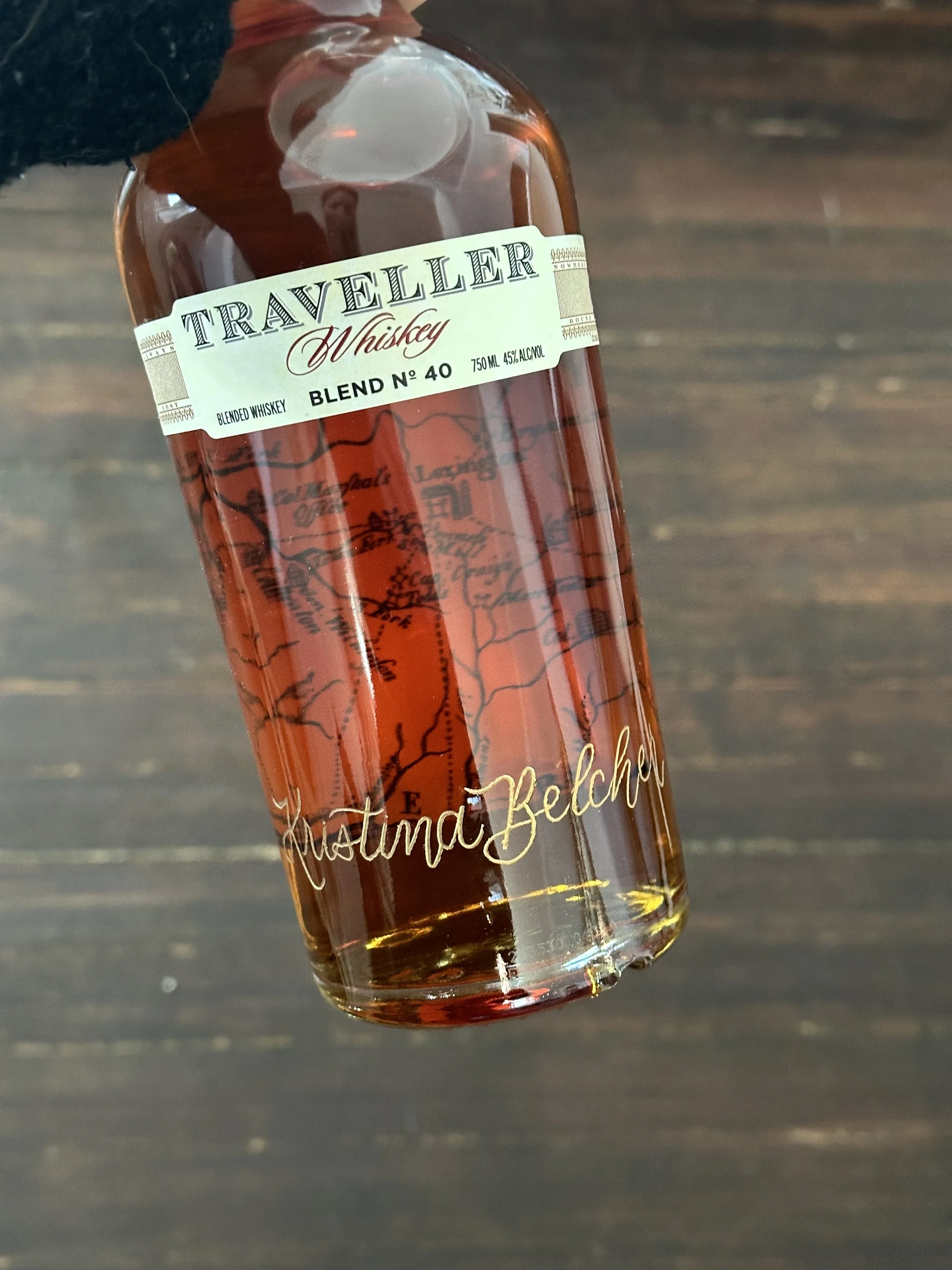 Engraved Liquor bottle of Traveller Whiskey