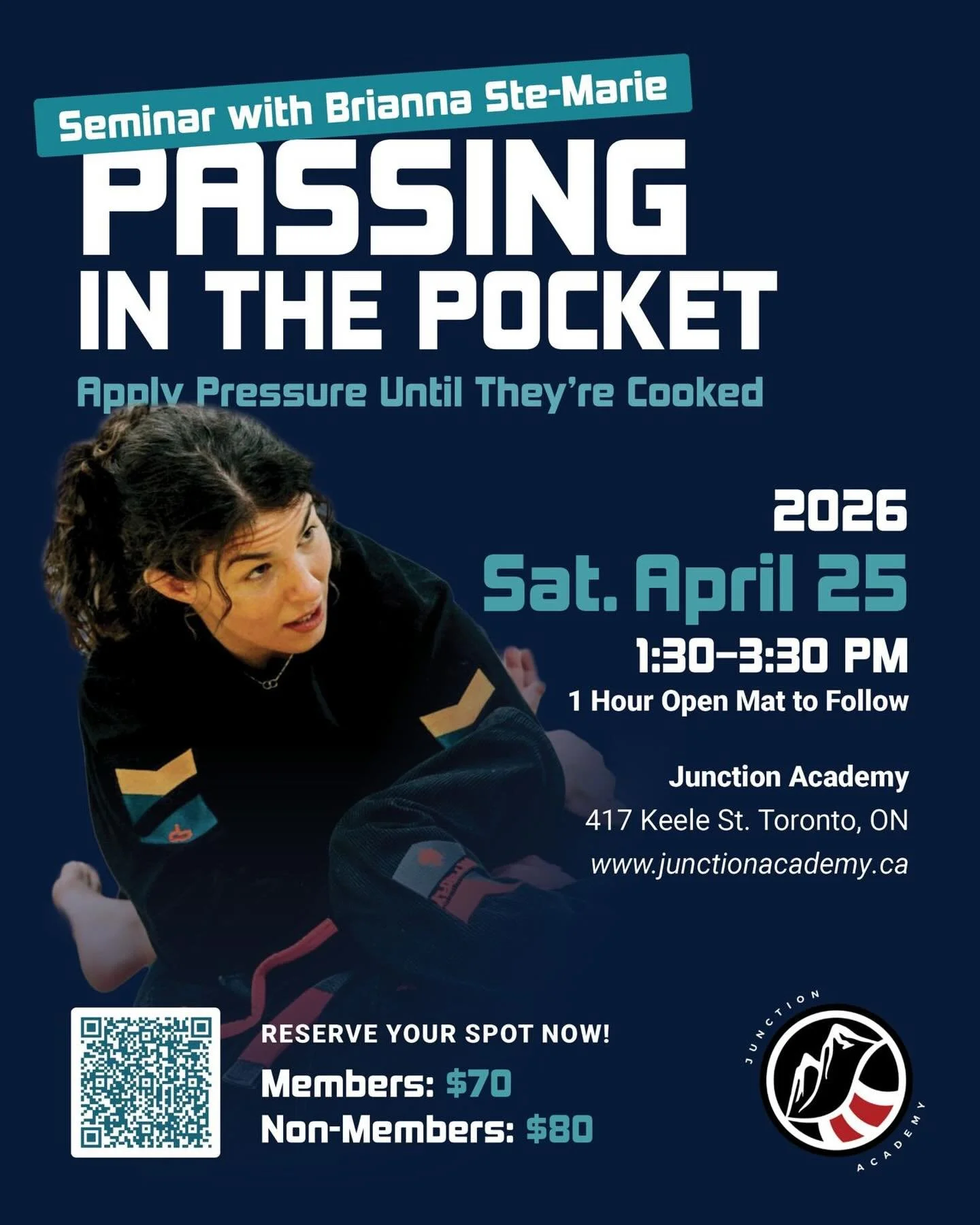 Junction Academy is proud to be hosting World Champion Brianna Ste-Marie @briannasm on Saturday April 25th! Join us for a 1.5 hour seminar and learn how to apply pressure until your opponent is well cooked! 🔥🥋 Open to all affiliations; sign up link