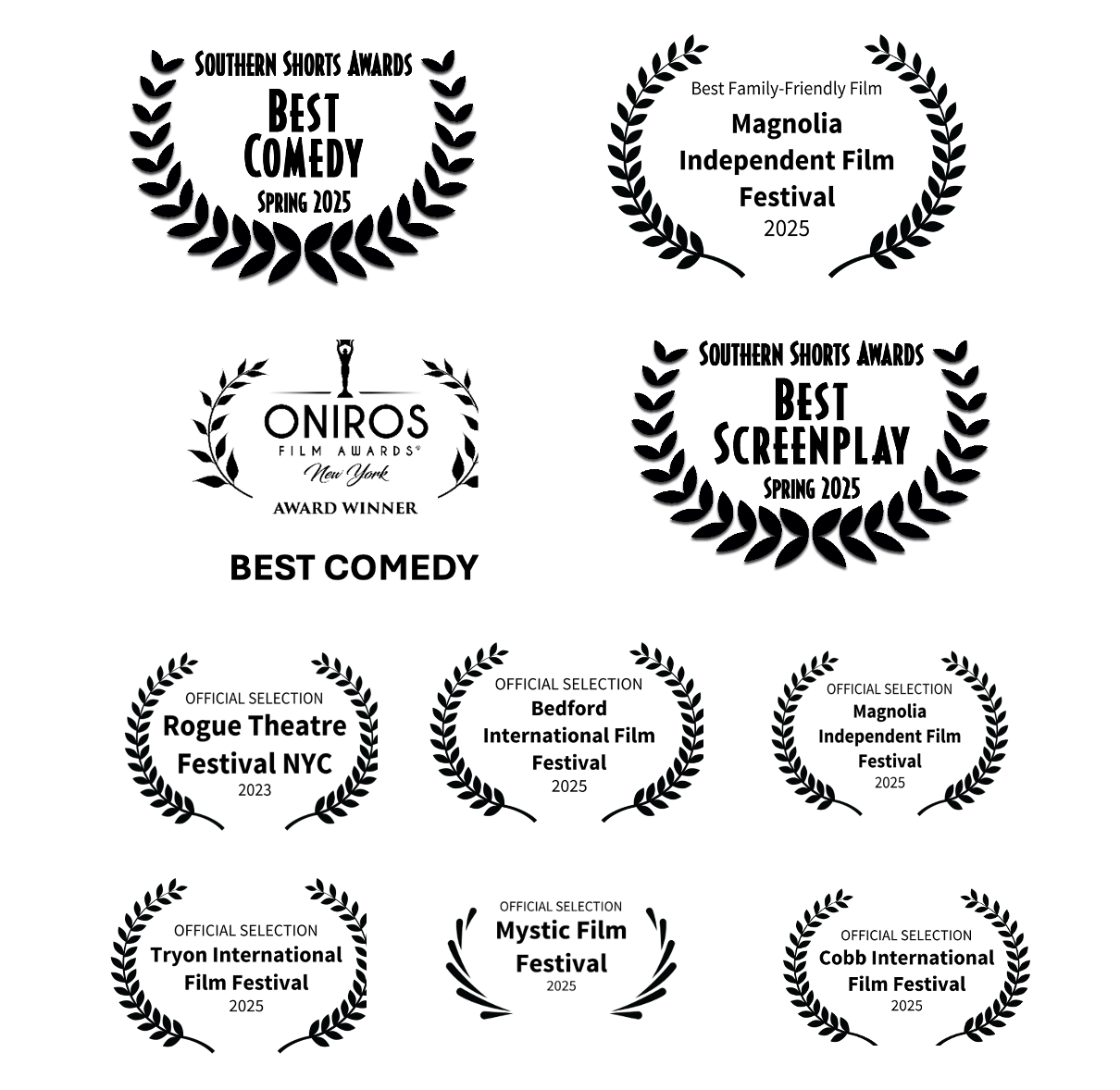 Collection of award laurels from film festivals, including Magnolia International Film Festival, Southern Shorts Awards, Oniros Film Awards, and others, indicating wins and official selections in categories such as Best Comedy and Best Screenplay.