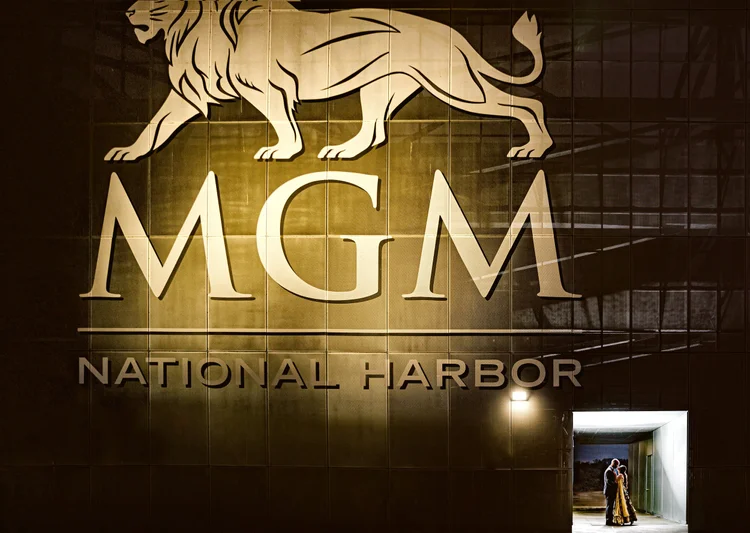 Large wall mural with the MGM logo, featuring a lion and the words 'MGM National Harbor' in white, with a small illuminated doorway showing a couple embracing.
