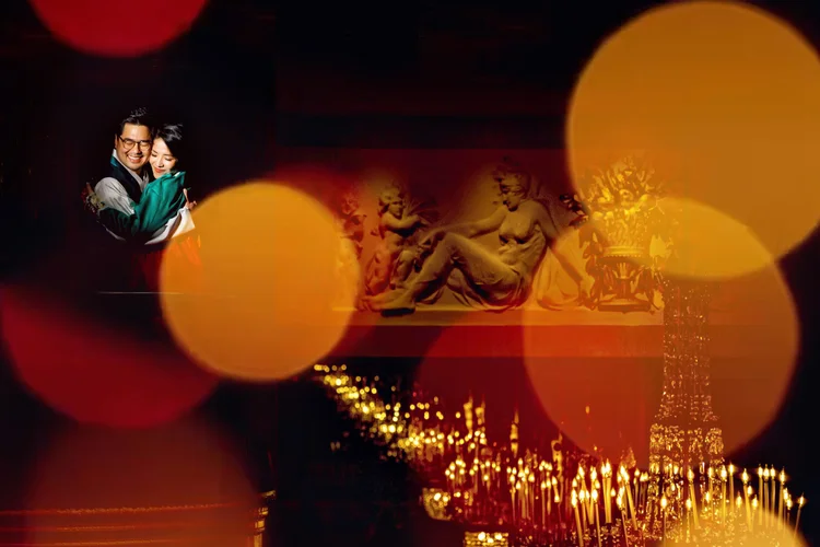 A collage featuring a couple hugging, a classical sculpture of a reclining woman, a chandelier, and blurred colorful lights.