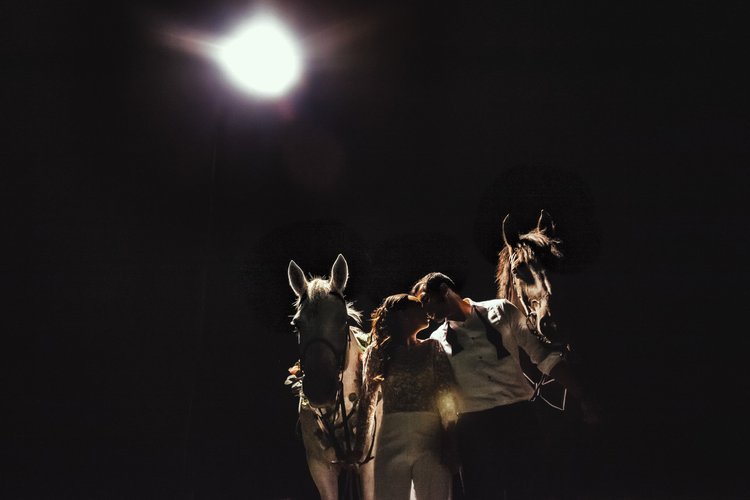 A couple sharing a kiss with two horses beside them under the moon in the dark night sky.