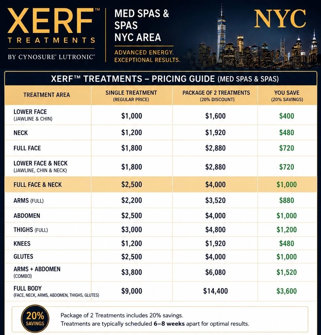 Pricing guide for XERF treatments at Med Spas & Spas in NYC, including single and package prices for various facial and body treatments with savings indicated.