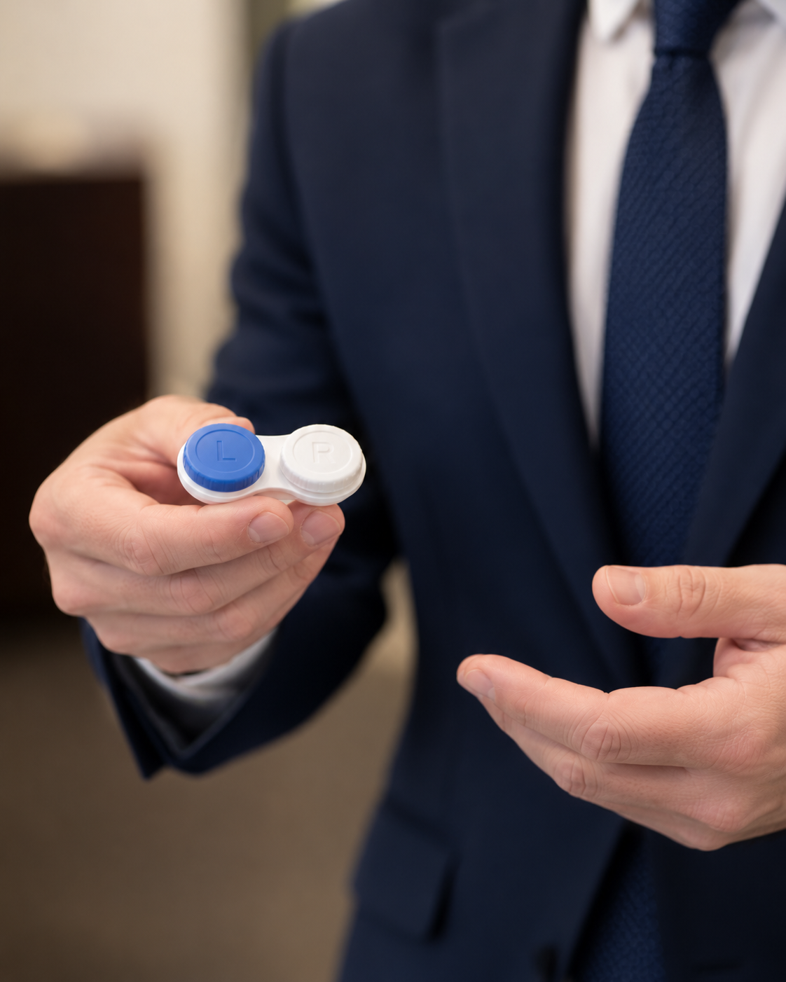 optometrist holding a contact lense case