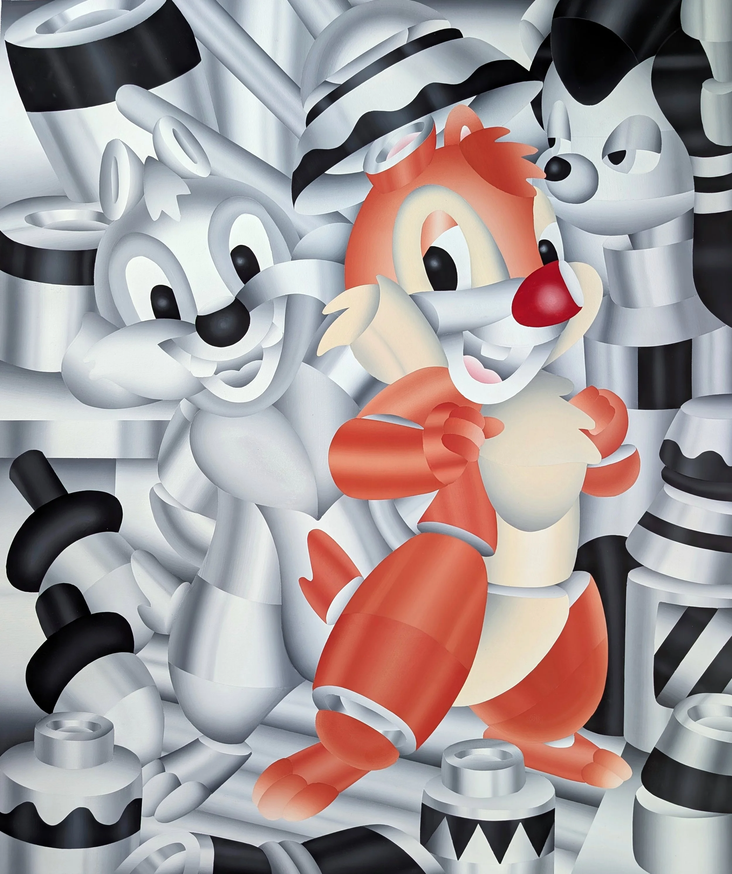 A colorful mural featuring the characters Mickey Mouse and Minnie Mouse made from metallic cans and bottles.