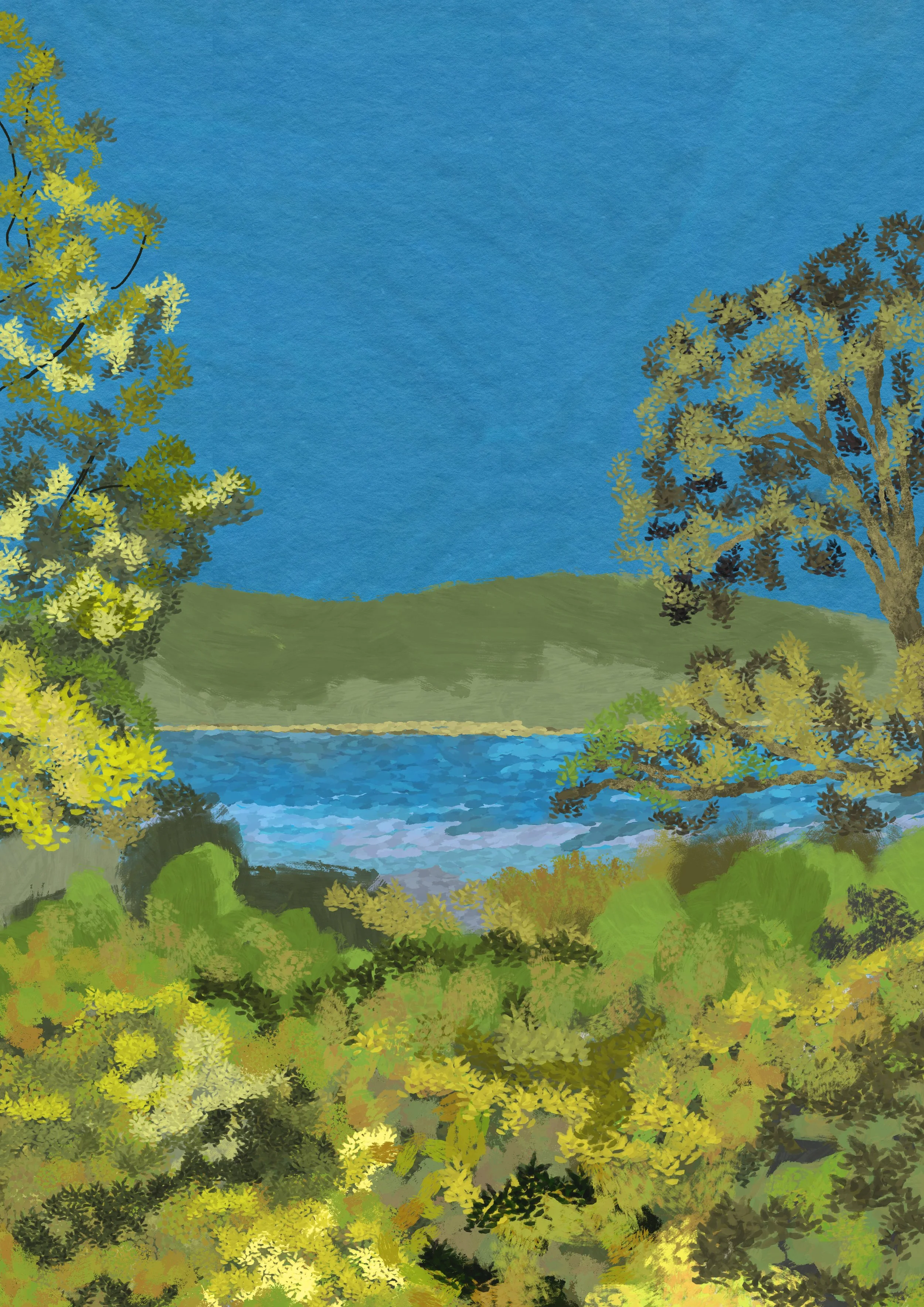 Paysage avec arbre, rivière et collines en arrière-plan, style peinture