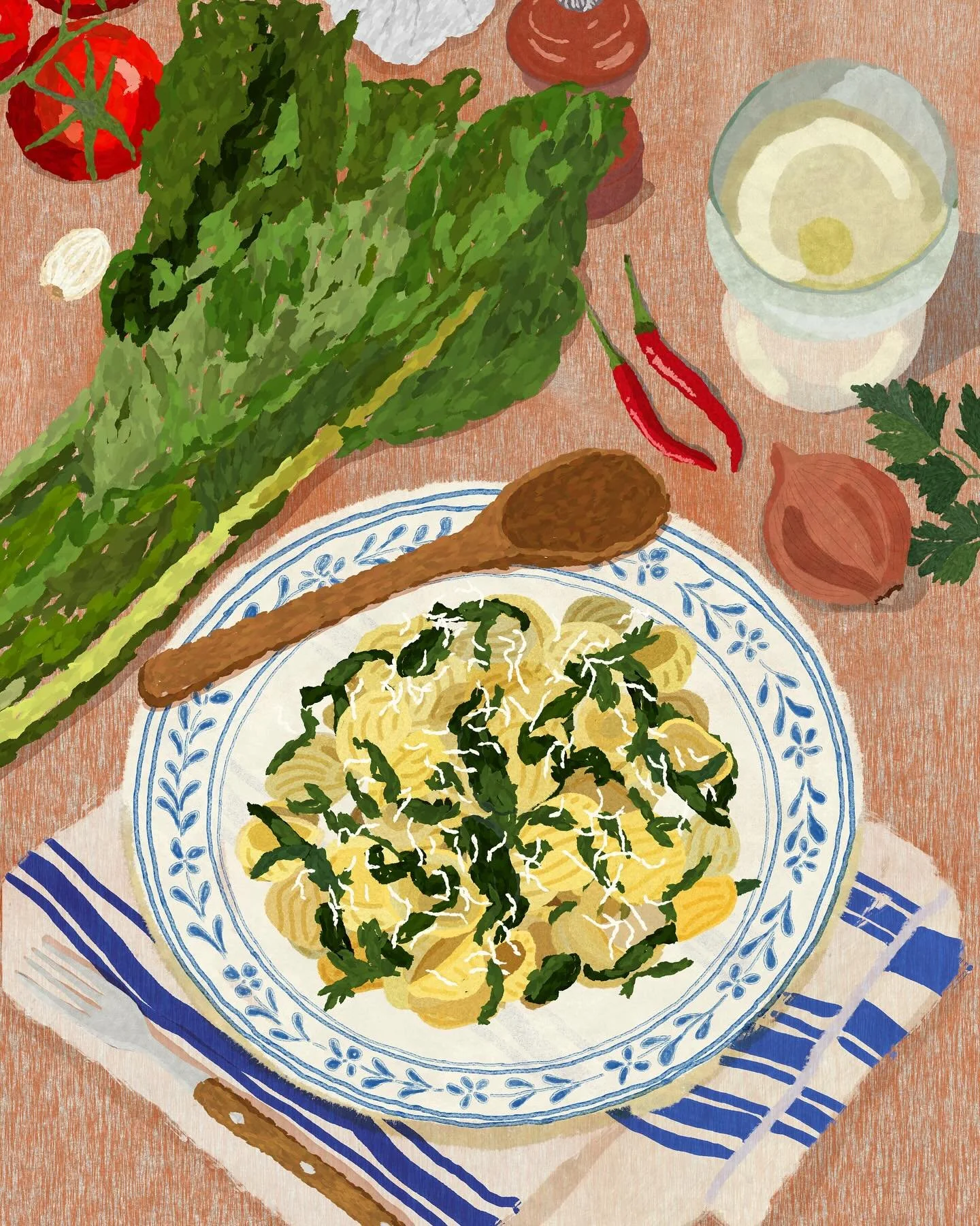 Je finis la semaine sur une note gourmande avec un de mes plats pr&eacute;f&eacute;r&eacute;s avec des &ldquo; Orecchiette alle cime di rapa &ldquo; ! Hasta luegooo amigos! 🥬🌞

#illustration #foodillustrator #theillustrationroom #pasta