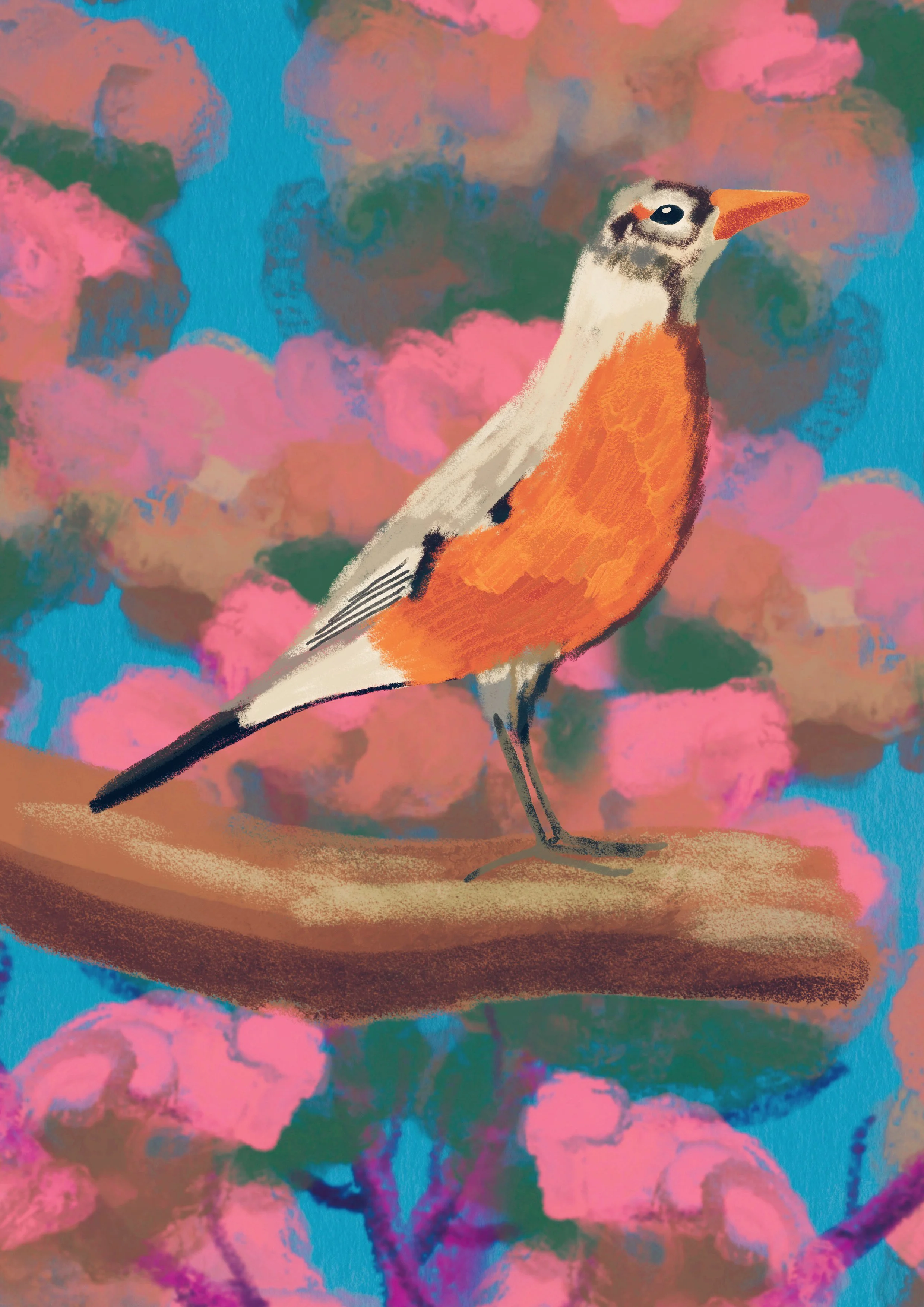 Une illustration d'un oiseau coloré avec un bec orange, un corps orange, des plumes blanches, et des yeux noirs, placé devant un fond de fleurs roses et vertes avec un ciel bleu.