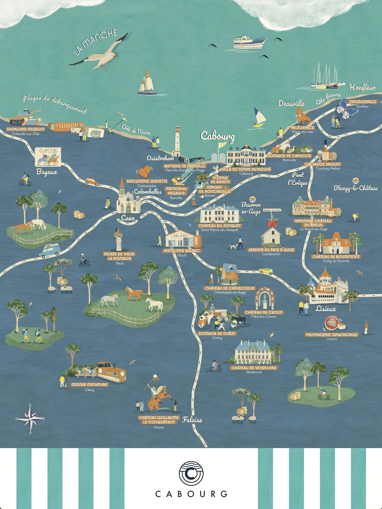 Carte illustrée de la région de Cabourg en Normandie, montrant des lieux touristiques et paysages, avec un phare, des plages, des châteaux, des moulins et des activités diverses.