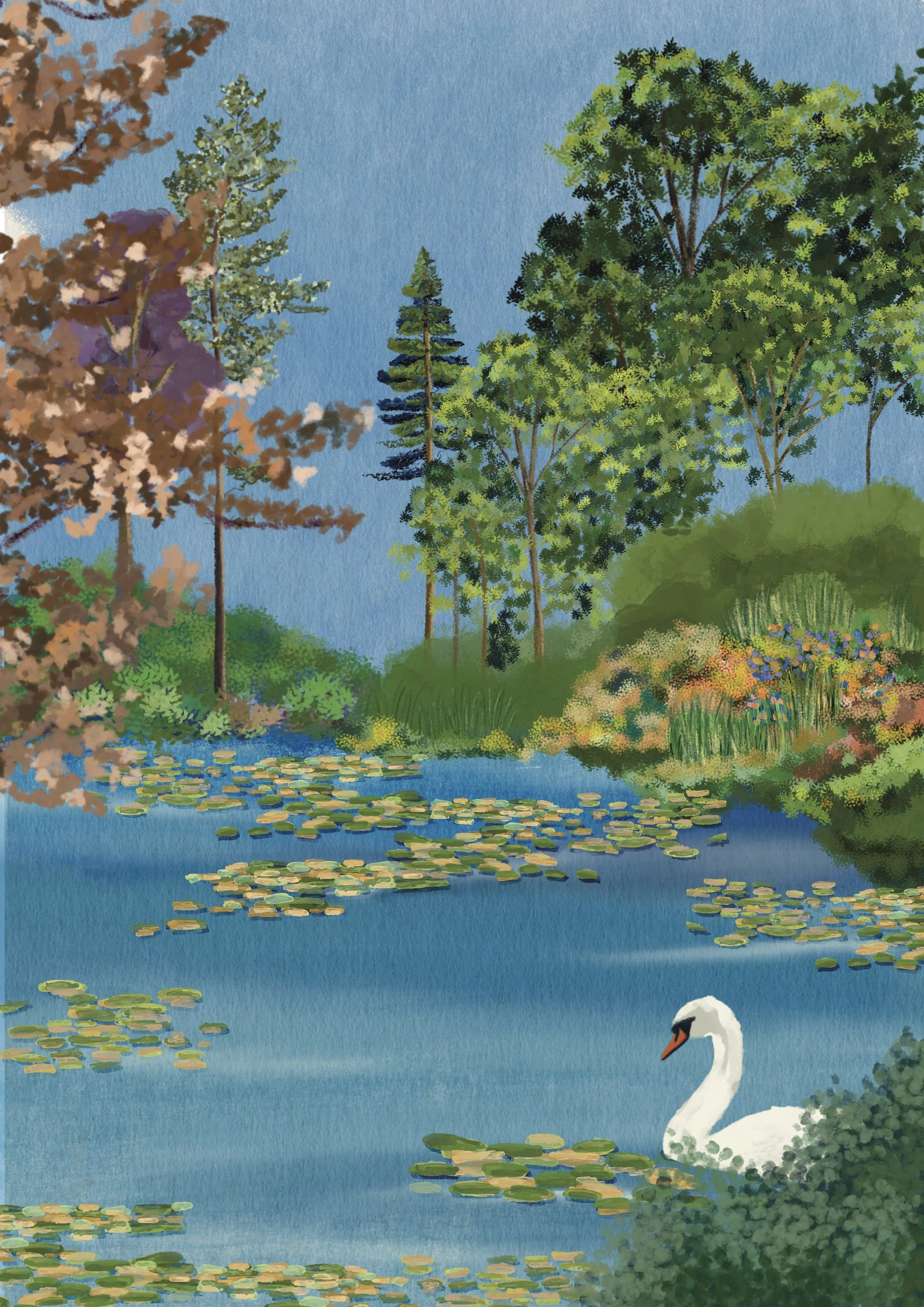 Une peinture représentant un étang avec un cygne nageant parmi des nénuphars, entouré d'arbres et de buissons verts et colorés sous un ciel bleu.