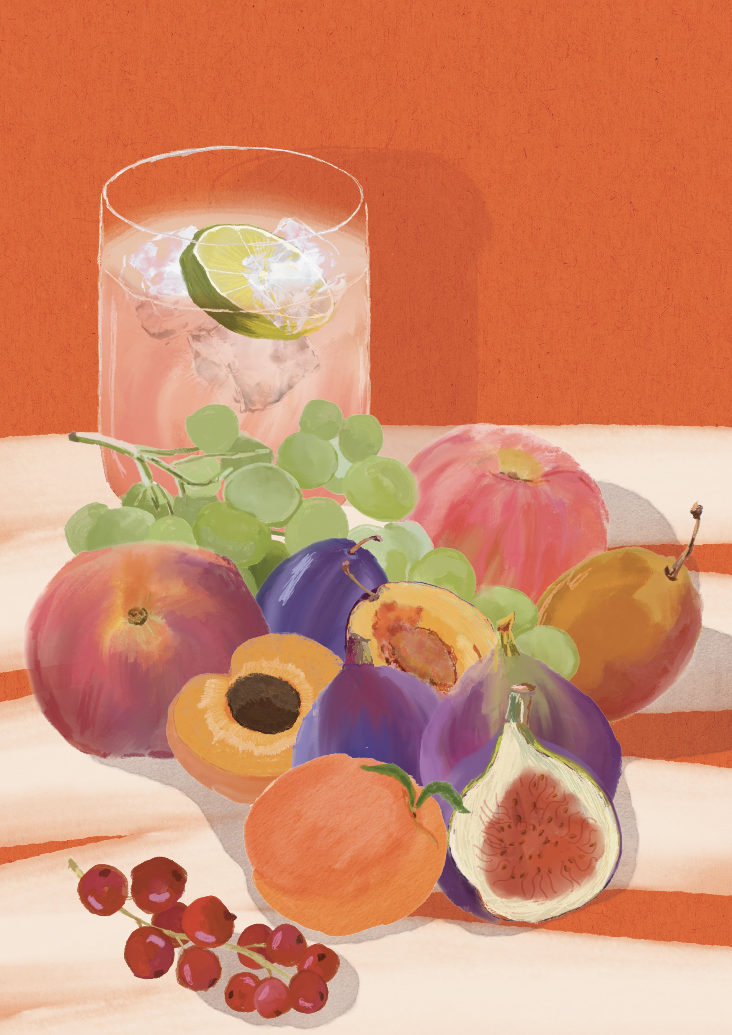 Tableau de fruits d'été variés, incluant des pèches, des pêches, des raisins verts, des prunes violettes, des groseilles rouges, un abricot coupé, une figue coupée, un cocktail, le paloma.