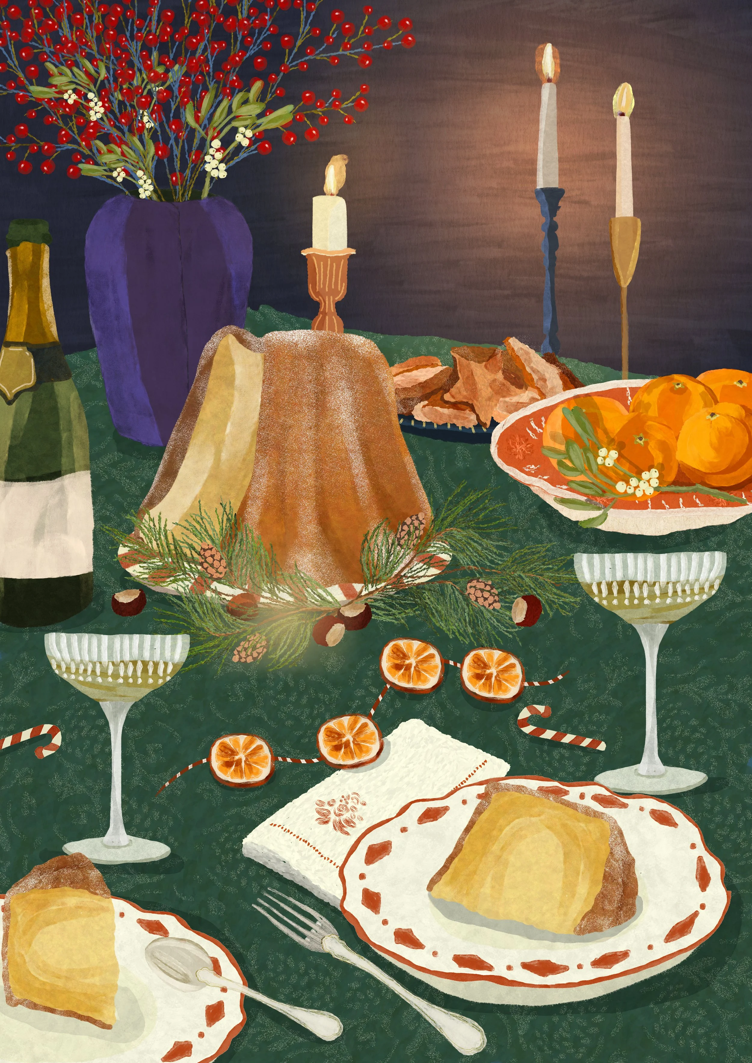 Table de fête de noël avec gâteau, fruits, bougies, vin, et décorations de Noël, dont des oranges, du houx, et un bouquet de baies rouges.