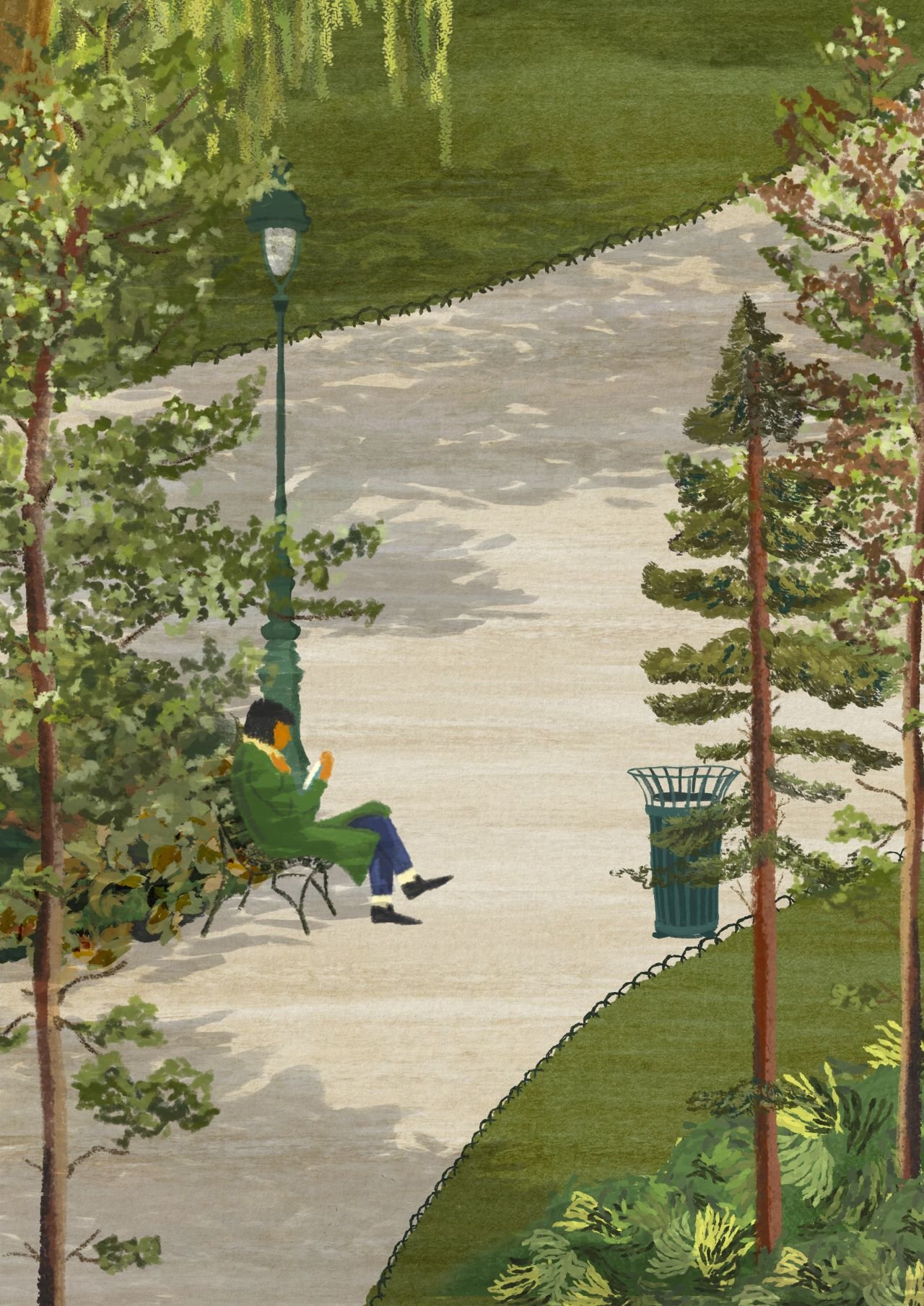 Une personne assise sur un banc dans un parc, lisant un téléphone. Il y a des arbres, une lampadaire et une poubelle à côté d'elle, avec un chemin en pierre et de l'herbe autour.