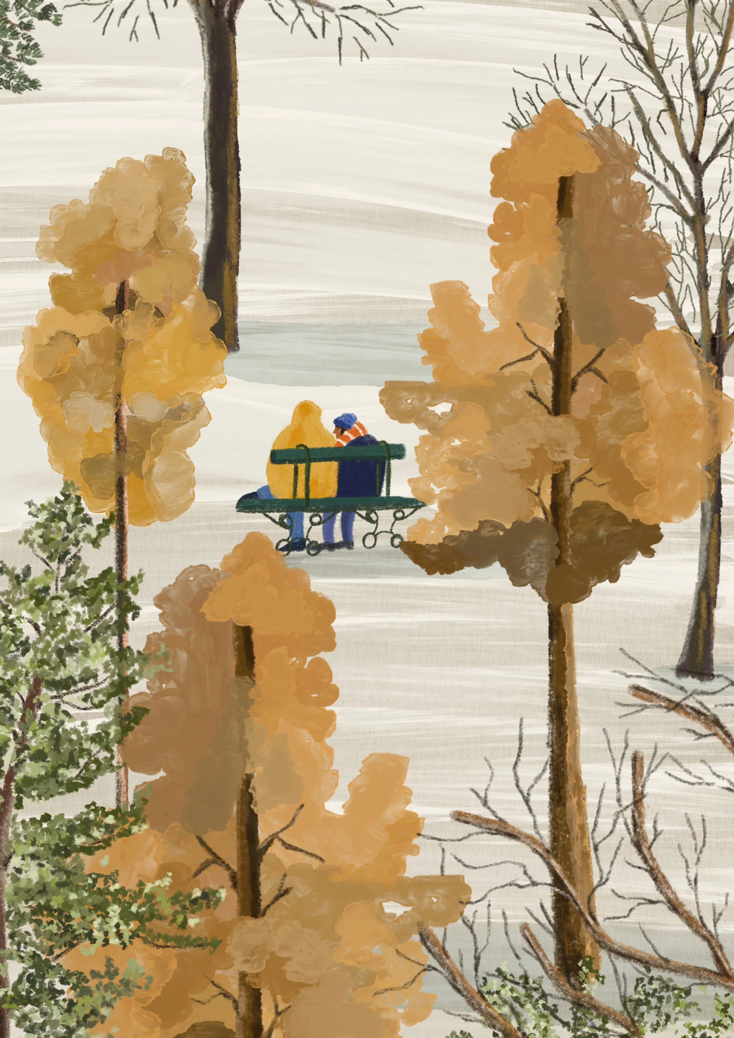 Personnes assises sur un banc dans un parc en automne, entouré d'arbres aux feuilles orangées et jaunes, avec un paysage de nature en arrière-plan.