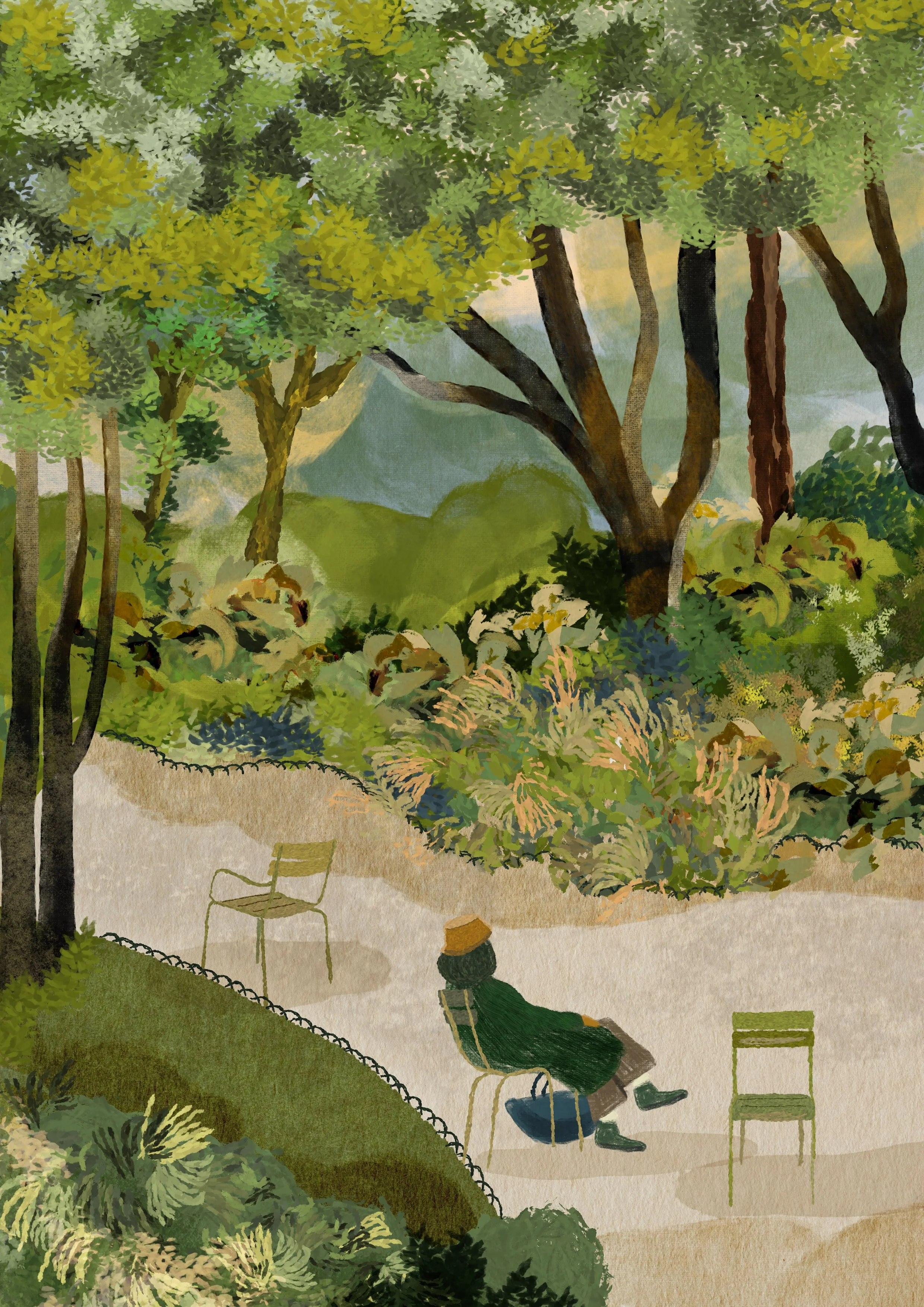 Une femme assise dans un parc, entourée de nombreux arbres et de végétation, en train de se détendre.