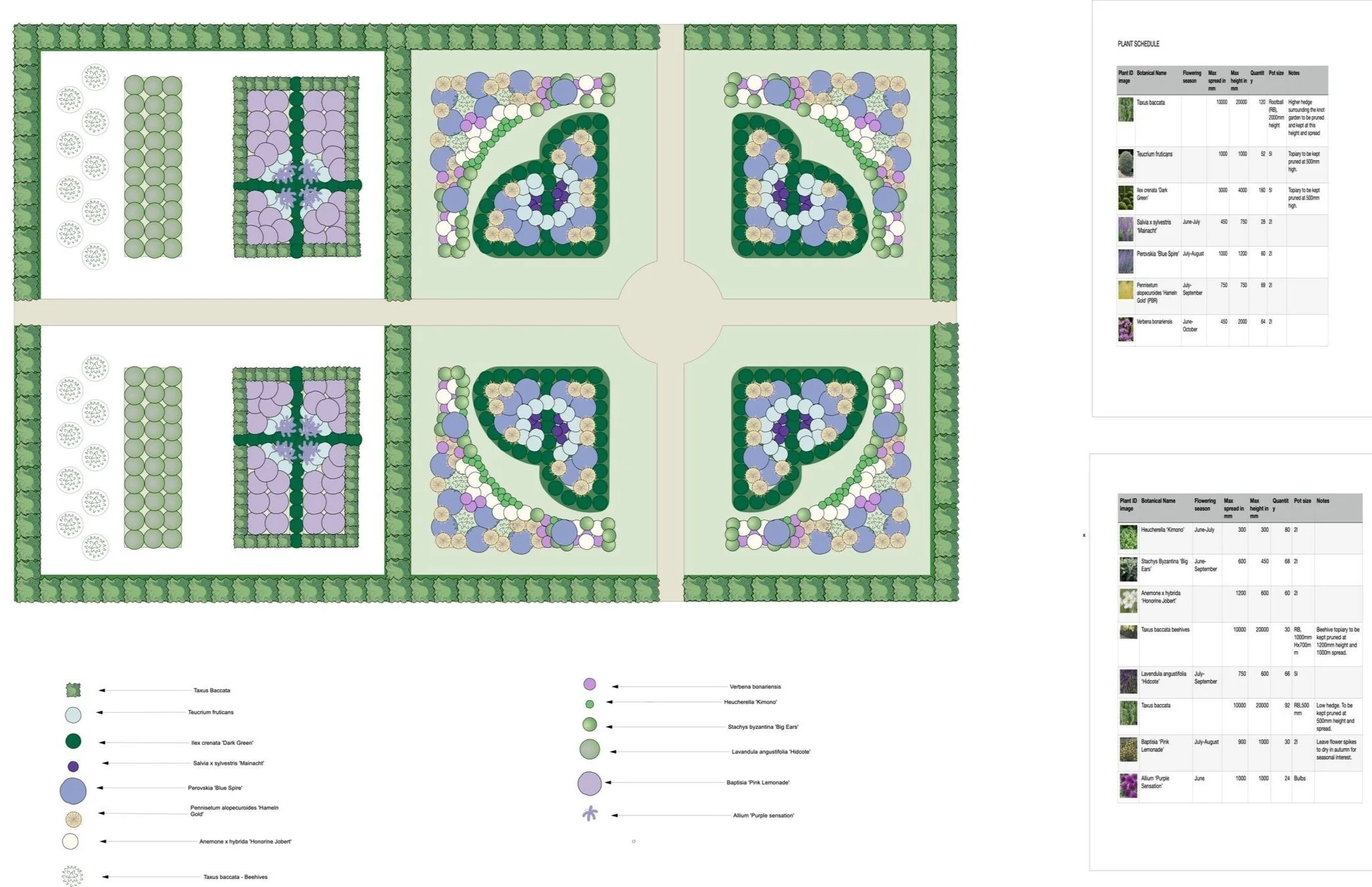 Landscape garden design plan with labeled plantings and color-coded sections, including a plant schedule with descriptions and bloom times.