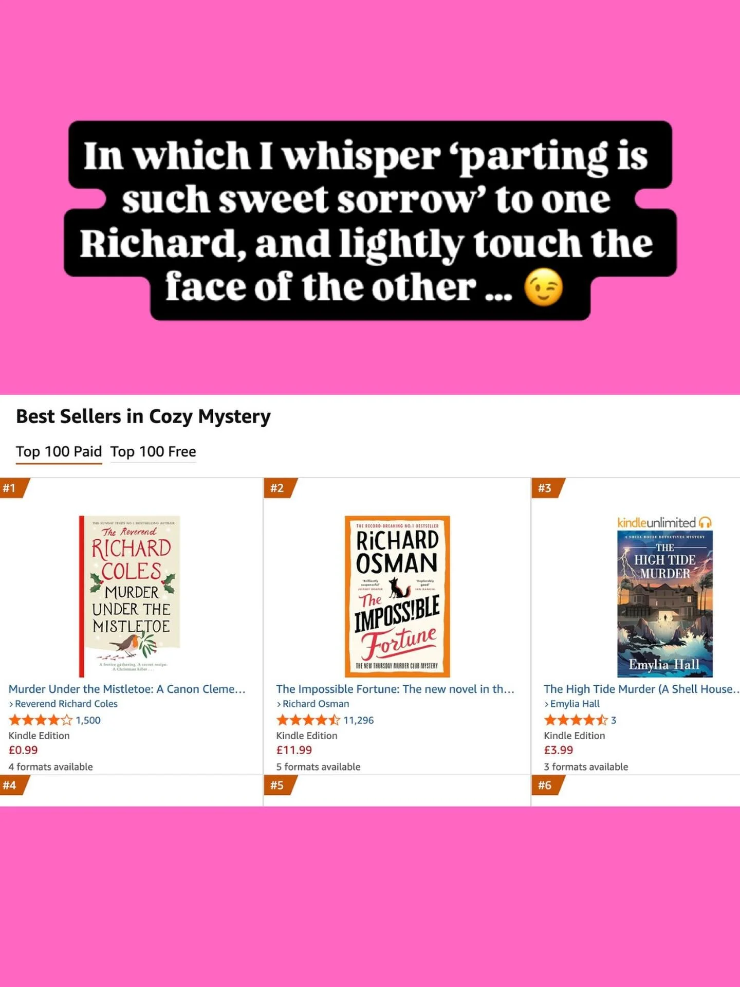 Wahey! 🥳 This is so fun to see. Just the two Richards keeping THE HIGH TIDE MURDER off the cosy crime top spot! Sorry but there&rsquo;s only one thing for it, @revrichardcoles @misterosman &hellip; 😉 

#cosycrime #cozymysterylovers #cozymystery #cr
