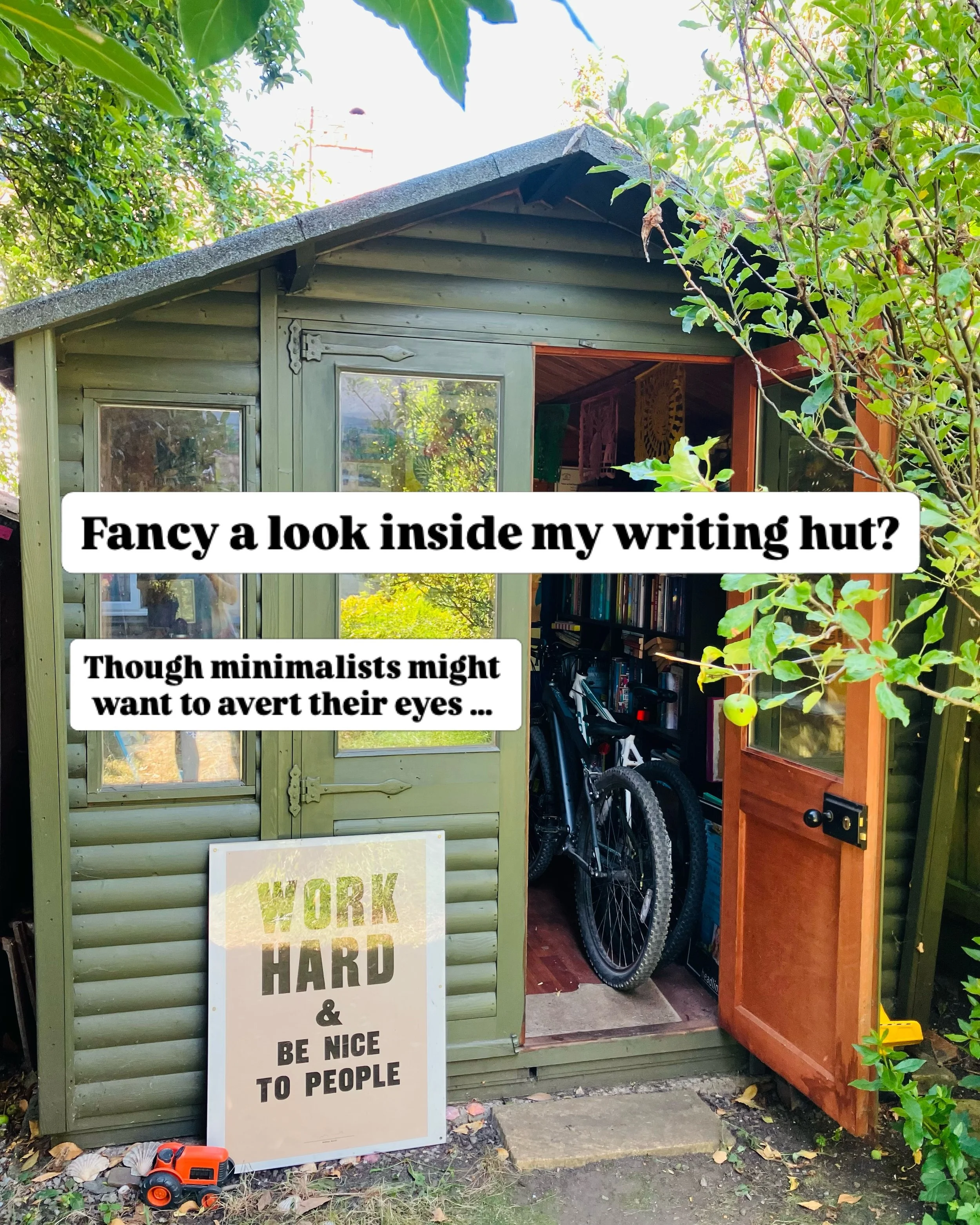 A tour of writing hut gubbins ✍️🩵🐚 🎨 It&rsquo;s chock-a-block in here, and I love it 😍 

#sheshed #sheshedstyle #writingroom #creativelifehappylife #authorlife