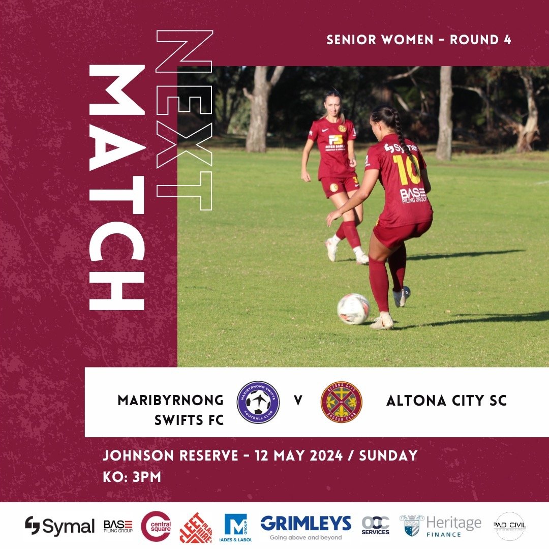 ⚡️Senior Women - Round 4

Our Senior Women go head to head with Maribyrnong Swifts FC this Sunday. Show your support if you're around! Good luck ladies. 

🗓️ Sunday, 12 May 2024
⏰ KO: 3pm
📍 Johnson Reserve