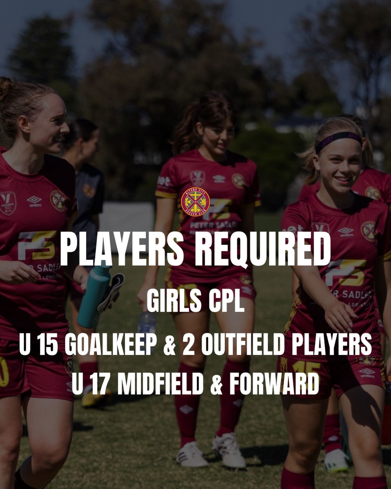 ⚽️ PLAYERS WANTED &ndash; CPL GIRLS ⚽️

Altona City Soccer Club is currently seeking talented and committed players to strengthen our CPL Girls squads for the upcoming season.

🔴 Under 15 CPL Girls

Goalkeeper (specialised GK training provided)

2 x