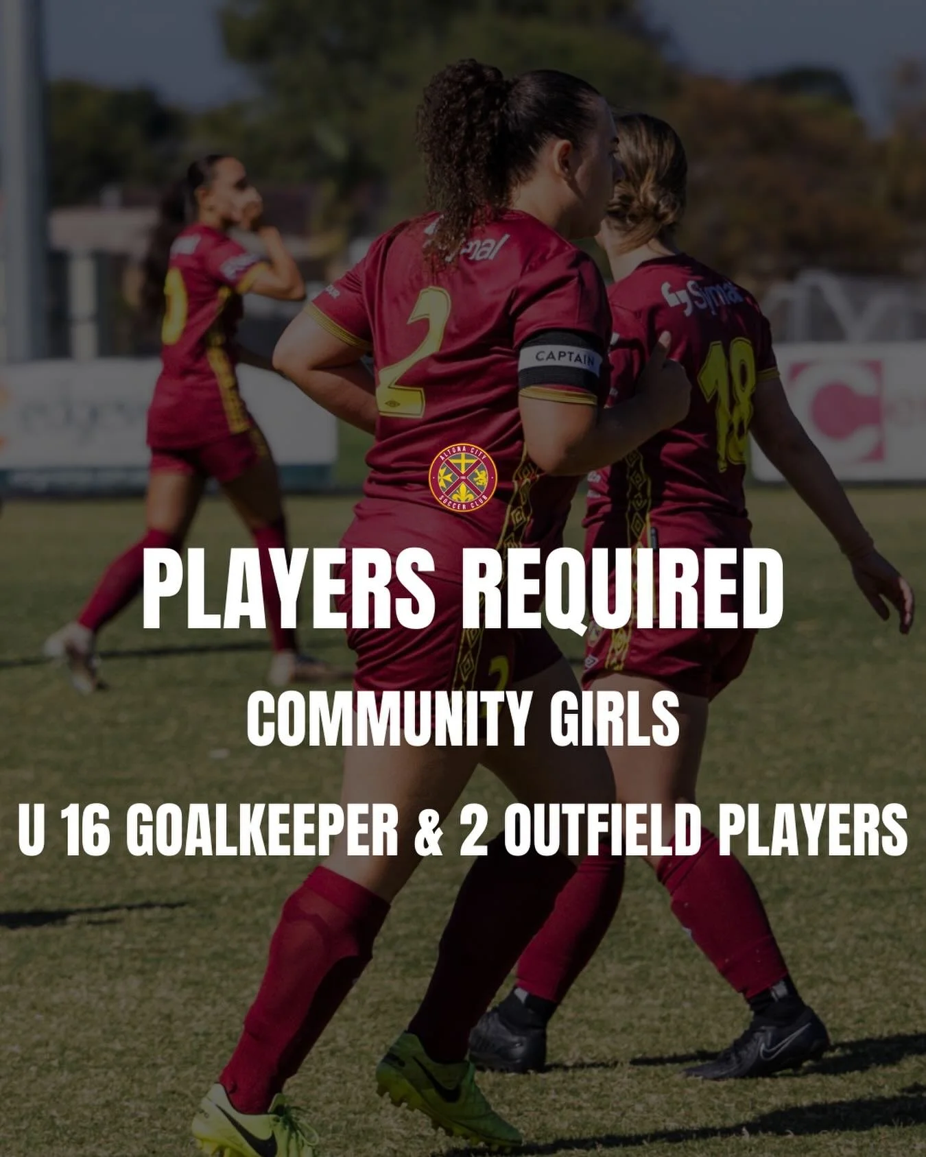 ⚽️ PLAYERS REQUIRED &ndash; U16 COMMUNITY GIRLS ⚽️
Altona City Soccer Club is looking for enthusiastic and committed players to join our Under 16 Community Girls team.

🔴 Positions available:

Goalkeeper (specialised GK training provided)

Outfield 