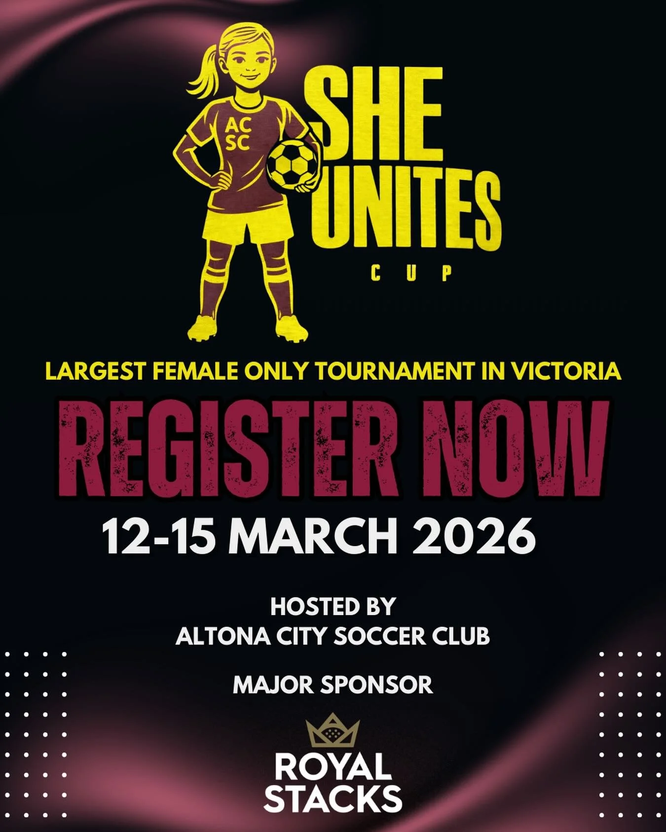 Get ready to be part of one of Victoria&rsquo;s biggest celebrations of female football! The She Unites Cup is BACK for 2026 and bigger, better and more inclusive than ever. ⚽️💪

This is your chance to bring your girls&rsquo; teams together for an u