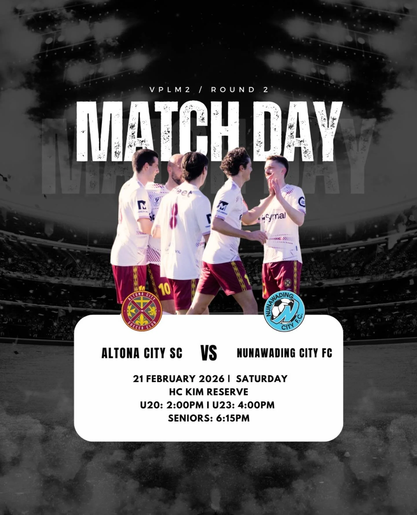 ⚽️ MATCH DAY FIXTURE I SATURDAY 21 FEBRUARY ⚽️

Altona City is back in action this Saturday with a full day of soccer at HC Kim Reserve, on Pitch 1!

🕑 U20 &ndash; 2:00PM
🕓 U23 &ndash; 4:00PM
🕕 Seniors &ndash; 6:15PM

📍 HC Kim Reserve

Come down,