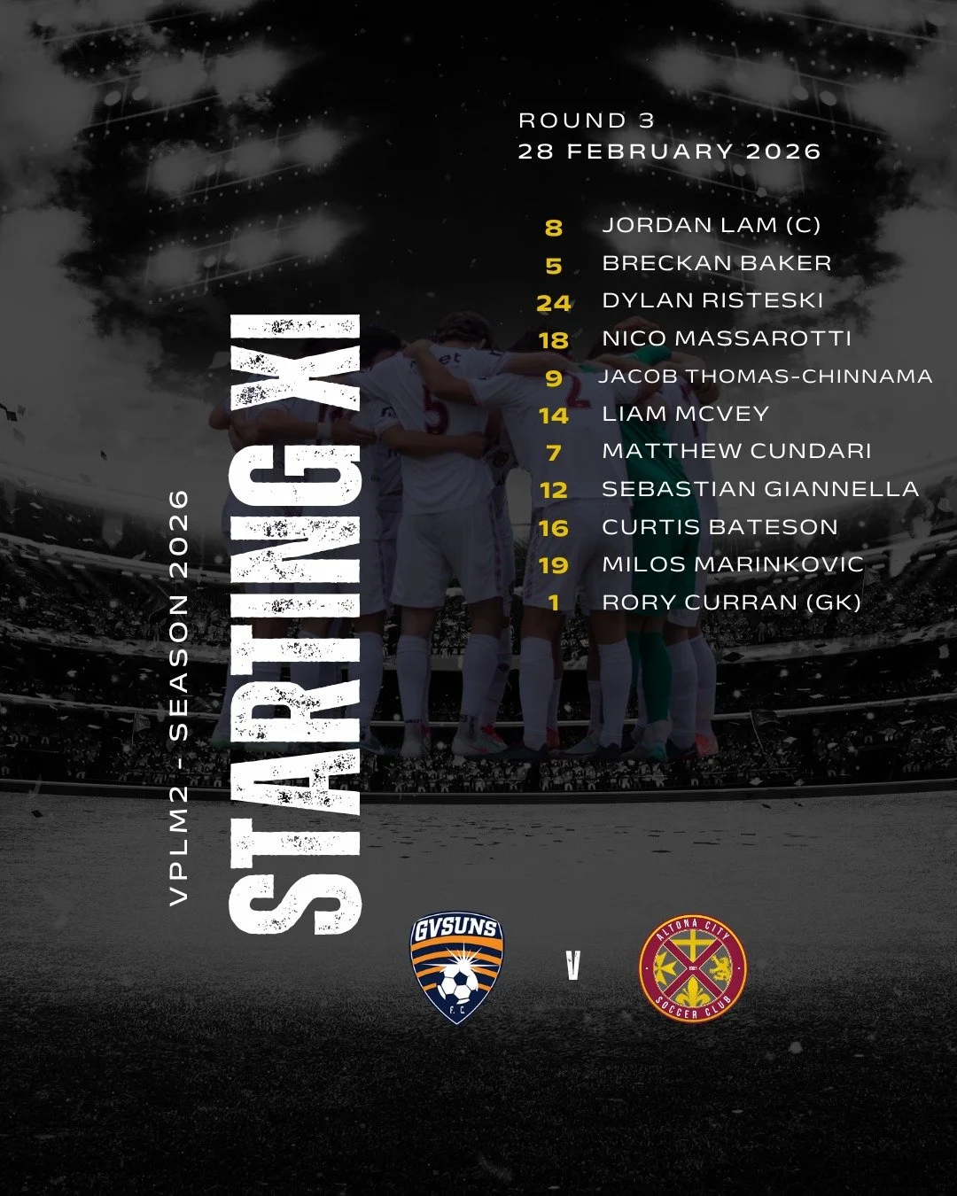 🔴🟡 ROUND 3 &ndash; STARTING XI 🔴🟡

Here&rsquo;s how the Senior Men line up for Round 3 

Our starting 11 is locked in and ready to represent the club with pride. Expect intensity, discipline, and plenty of fight from the first whistle.

Make sure