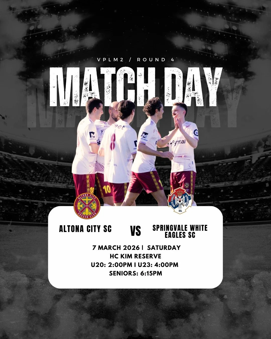 MATCH DAY &ndash; ROUND 4 

Altona City is back at HC Kim Reserve this Saturday, 7 March 2026 for a huge afternoon and evening of soccer! 

U20s &ndash; 2:00PM 
U23s &ndash; 4:00PM
Seniors &ndash; 6:15PM

Three big matches. One home ground. One club.