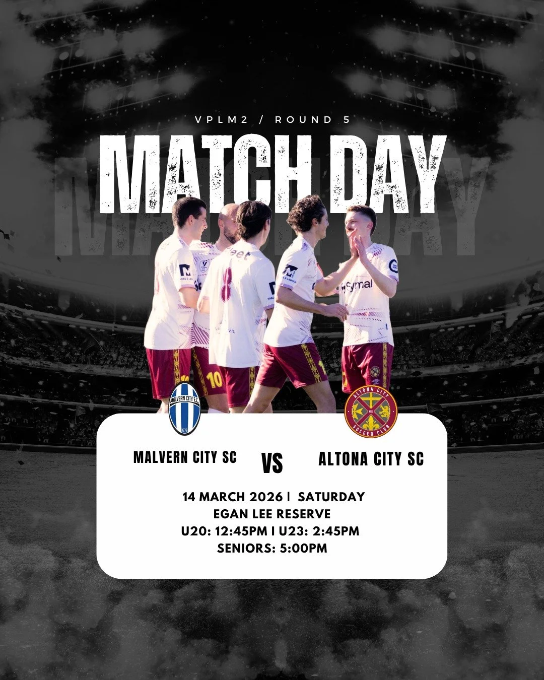 MATCH DAY - ROUND 5 

Altona City hits the road this Saturday, 14 March, as we take on Malvern City at Egan Lee Reserve.

U20s &ndash; 12:45PM
U23s &ndash; 2:45PM
Seniors &ndash; 5:00PM

A full day of soccer awaits as our boys look to put in strong p