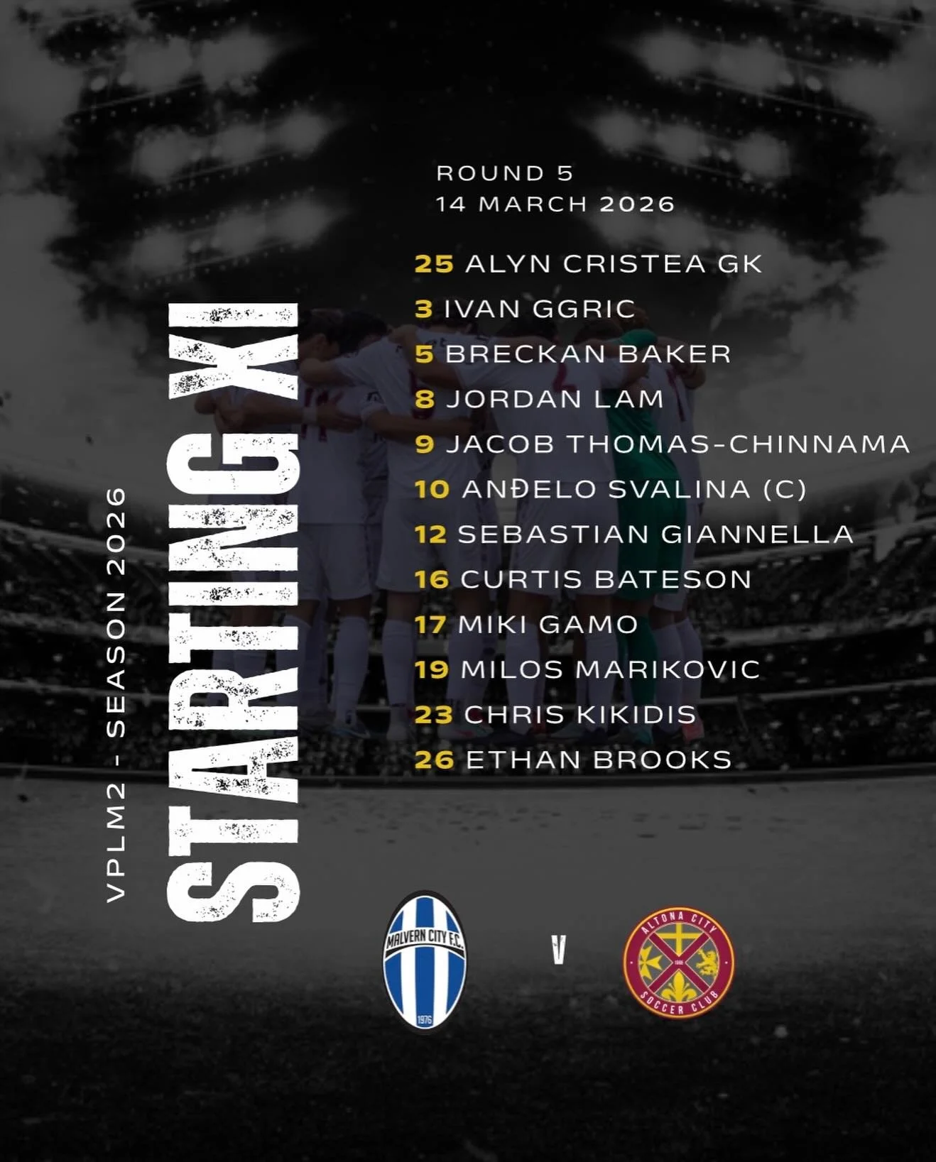 🔴🟡 ROUND 5 &ndash; STARTING XI 🔴🟡

Here&rsquo;s how the Senior Men line up for Round 5 

Our starting 11 is locked in and ready to represent the Red &amp; Gold with pride. Expect intensity, discipline, and plenty of fight from the first whistle. 